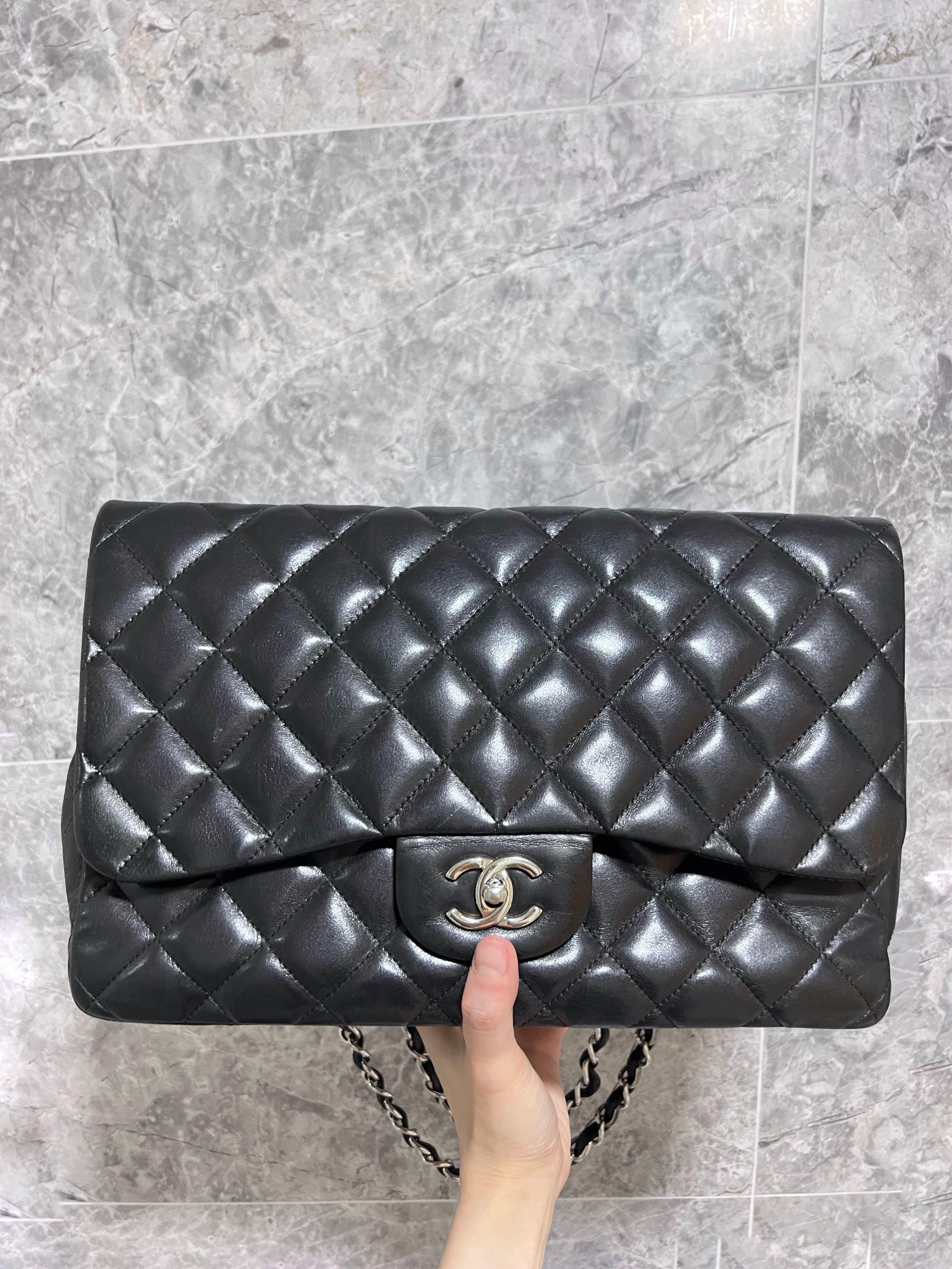 Authentic Chanel Classic Flap Bag Black Lambskin SHW ( Jumbo ) - Luxury Evermore