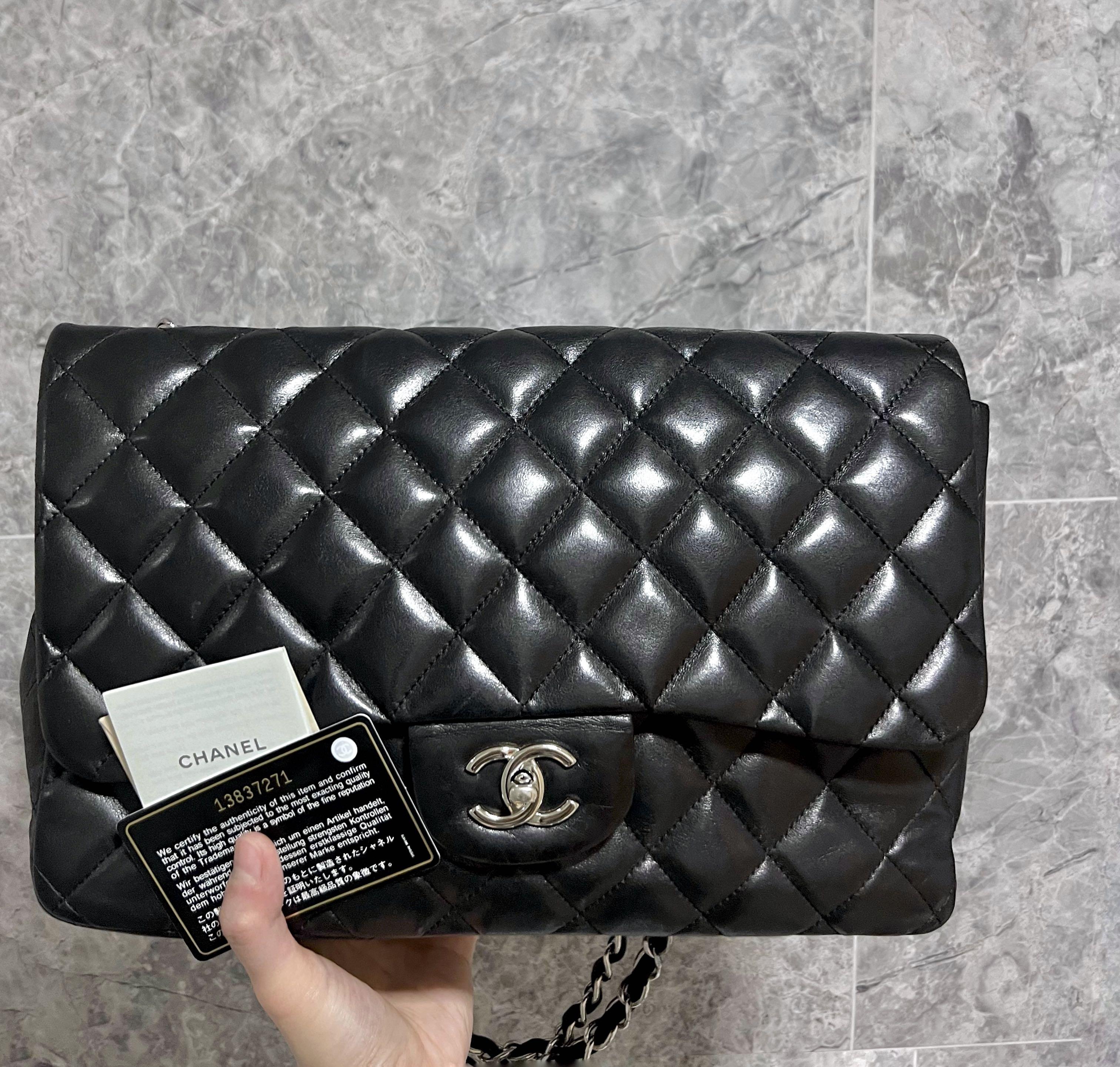 Authentic Chanel Classic Flap Bag Black Lambskin SHW ( Jumbo ) - Luxury Evermore