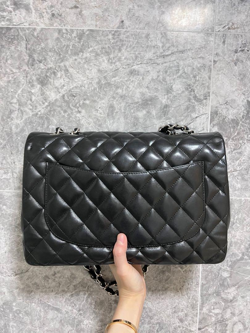 Authentic Chanel Classic Flap Bag Black Lambskin SHW ( Jumbo ) - Luxury Evermore