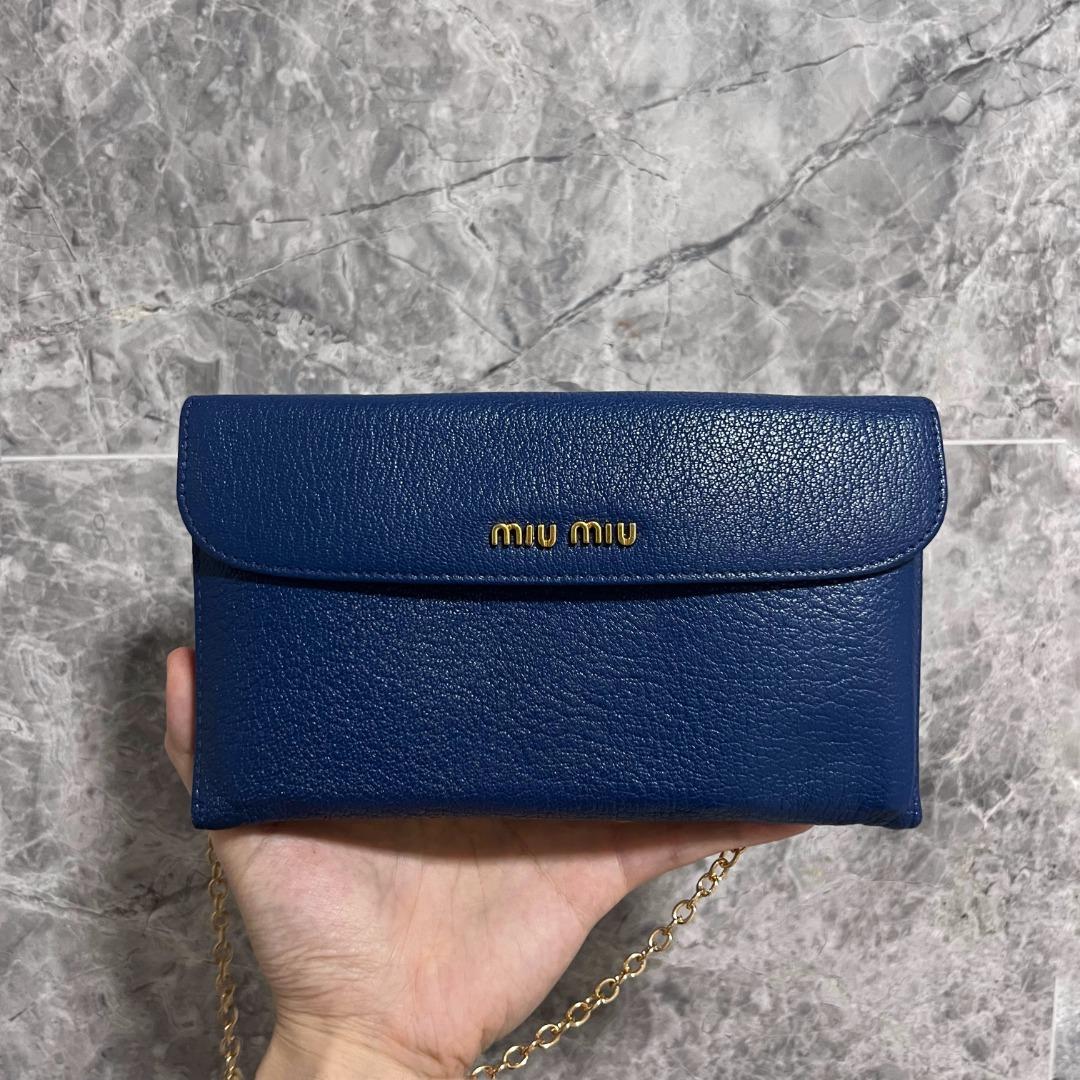 Authentic Miu Miu Wallet On Chain WOC Blue Calfskin Leather - Luxury Evermore