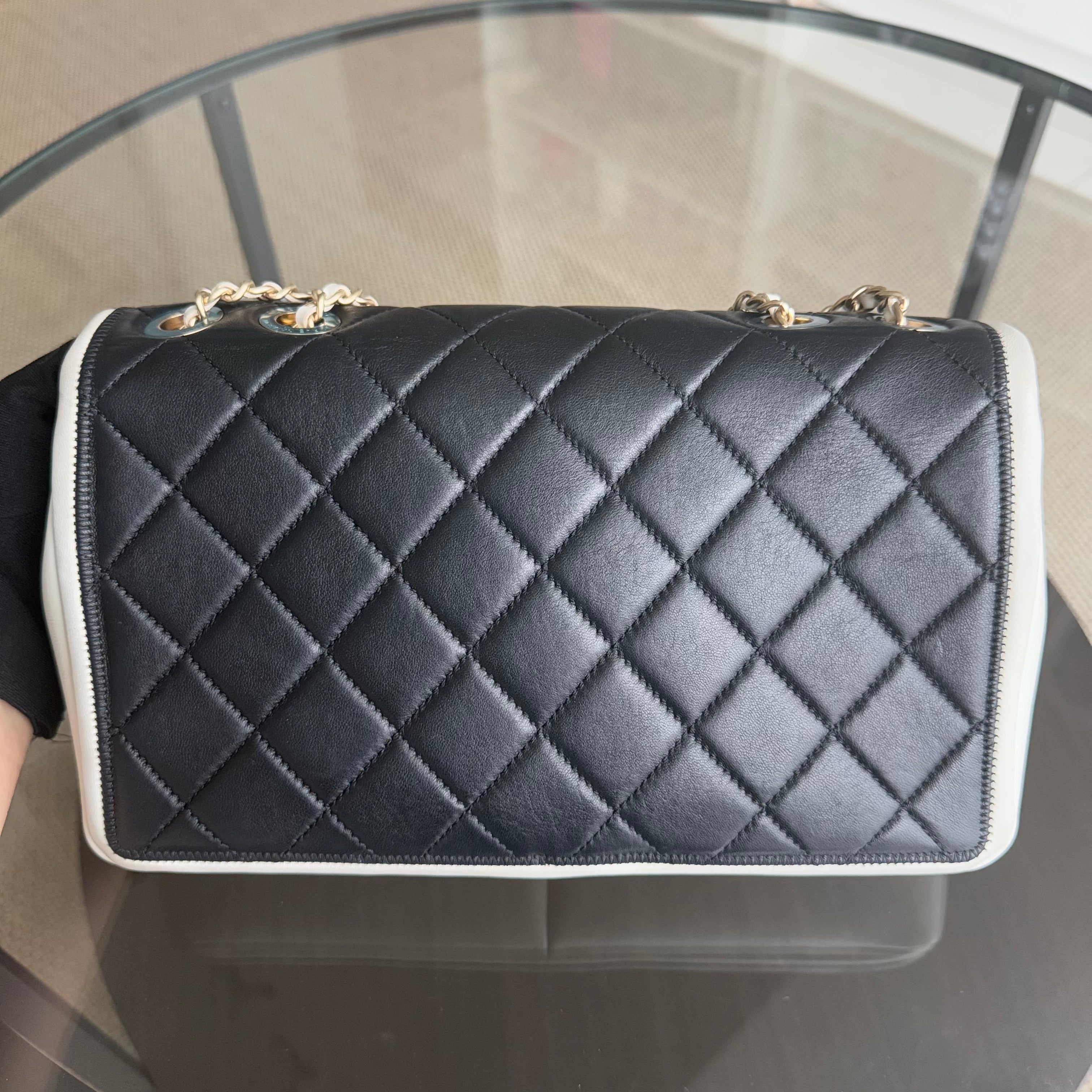 Chanel Seasonal Flap - Medium Graphic Quilted Lambskin Black White Gold Hardware Series 18