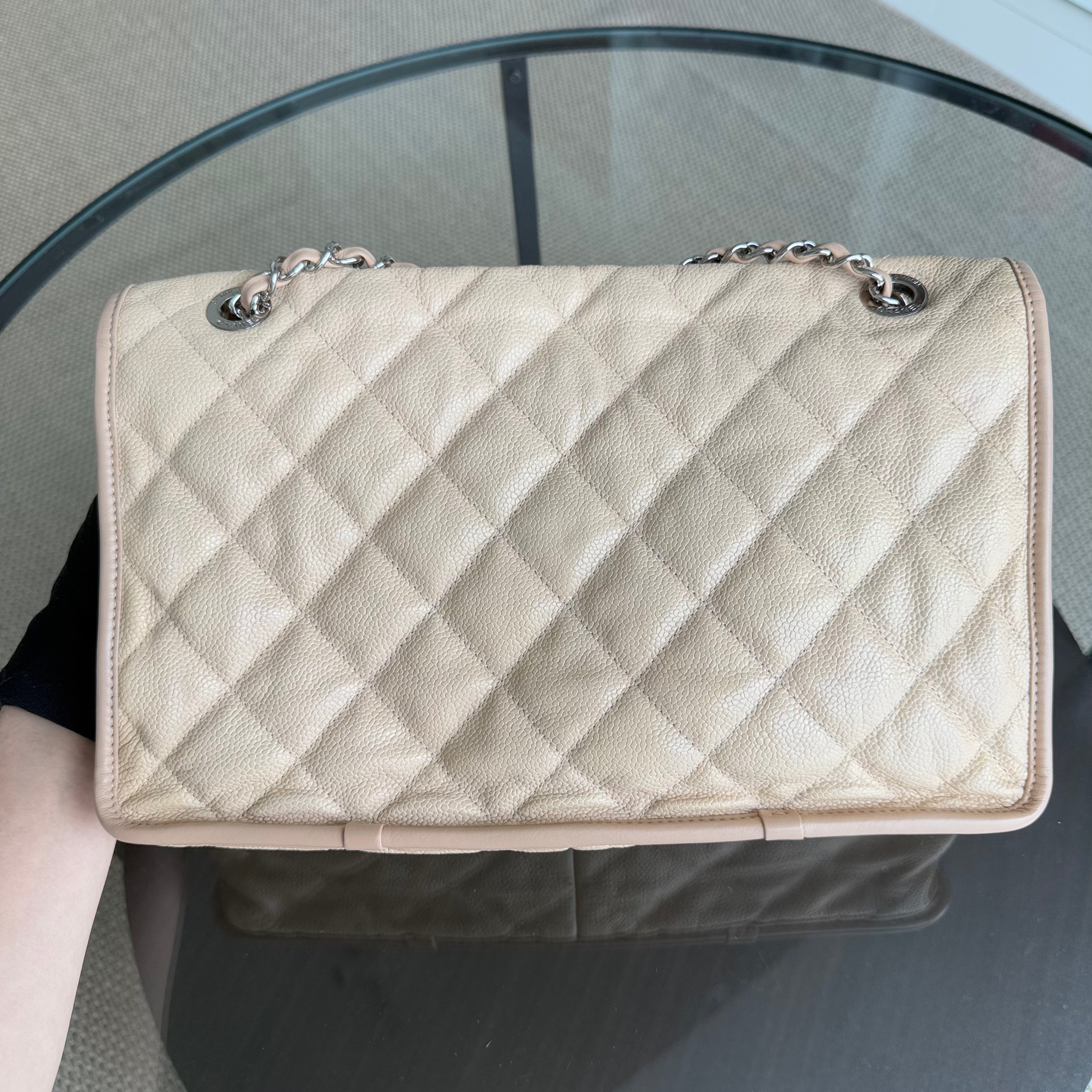 Chanel French Riviera Jumbo - Caviar 33CM Quilted Beige Silver Hardware Series 17