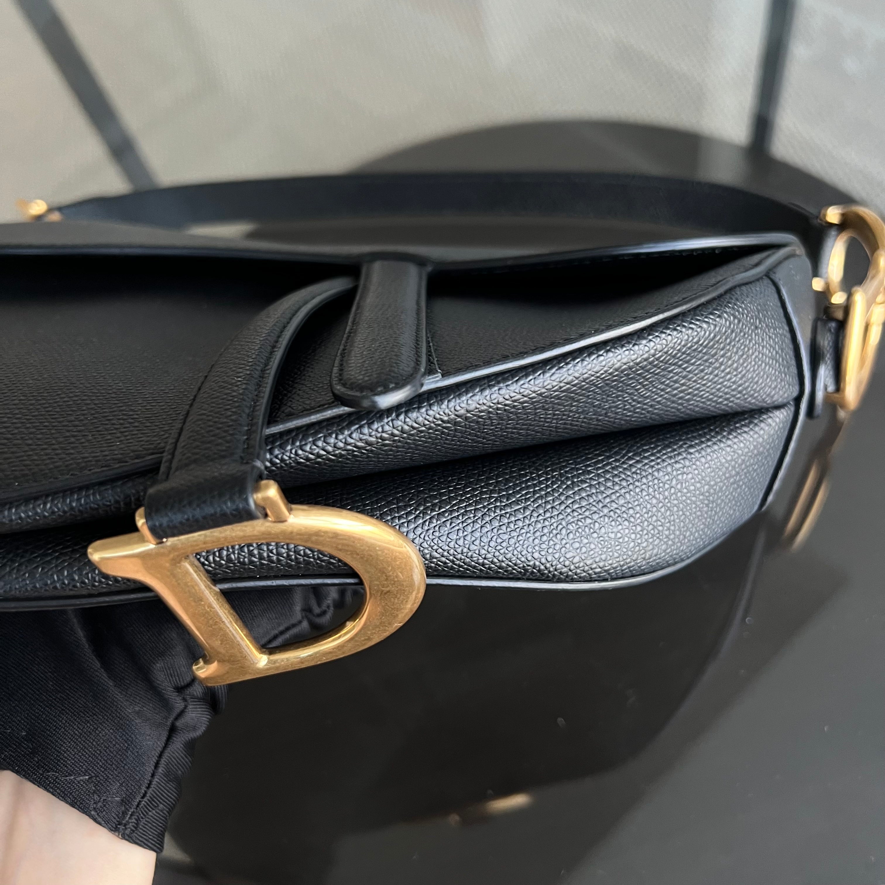 *New Version with Strap* Dior Saddle Medium Grained Calfskin Black Golden Hardware