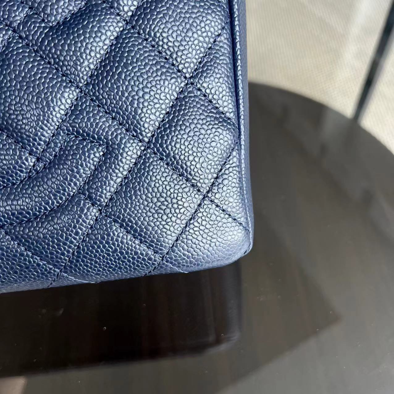 PST Petite Shopping Tote Caviar Quilted Dark Blue Silver Hardware Series 18