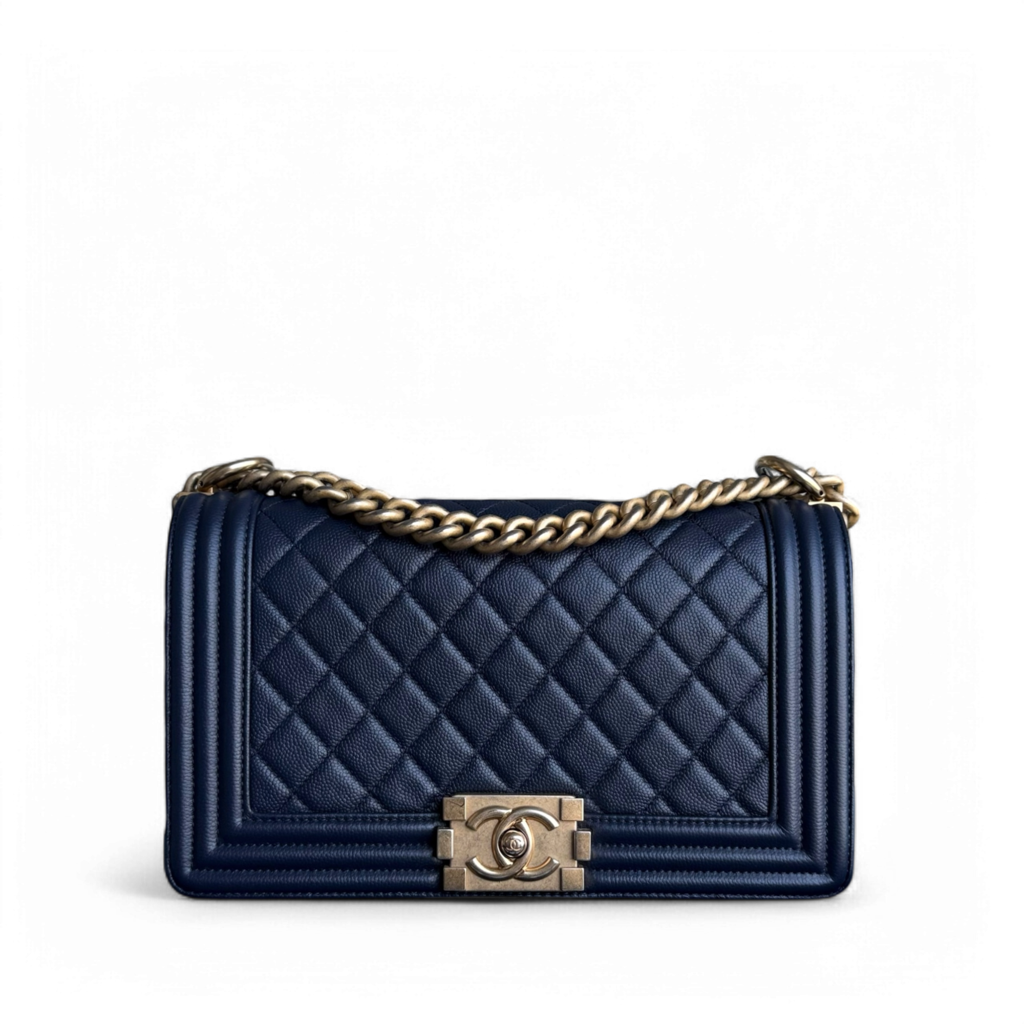 Chanel Boy Medium - Caviar 25CM Quilted Dark Navy Blue Gold Hardware Series 24