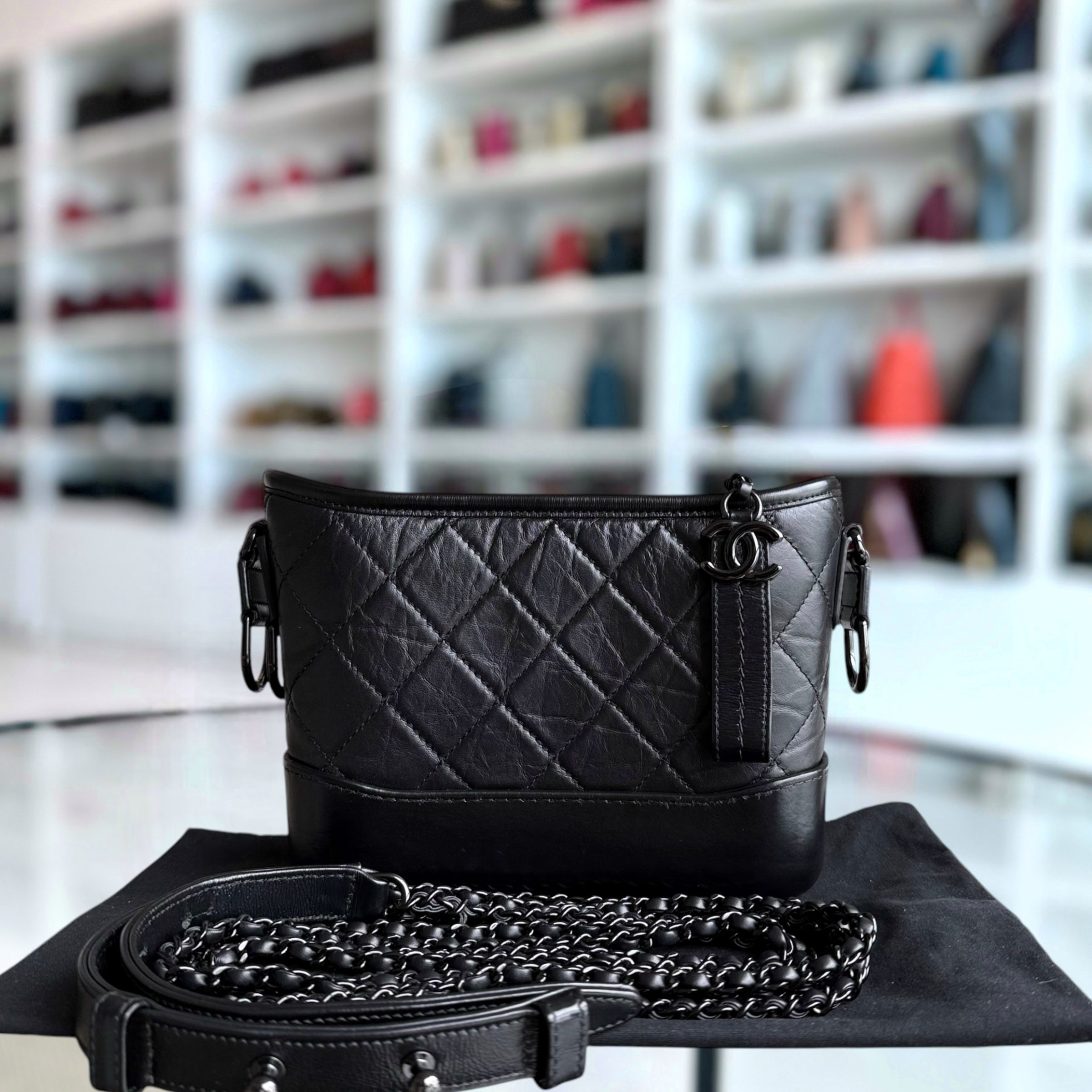 Chanel Gabrielle Small - Quilted Aged Calfskin Black All Black Hardware Series 29