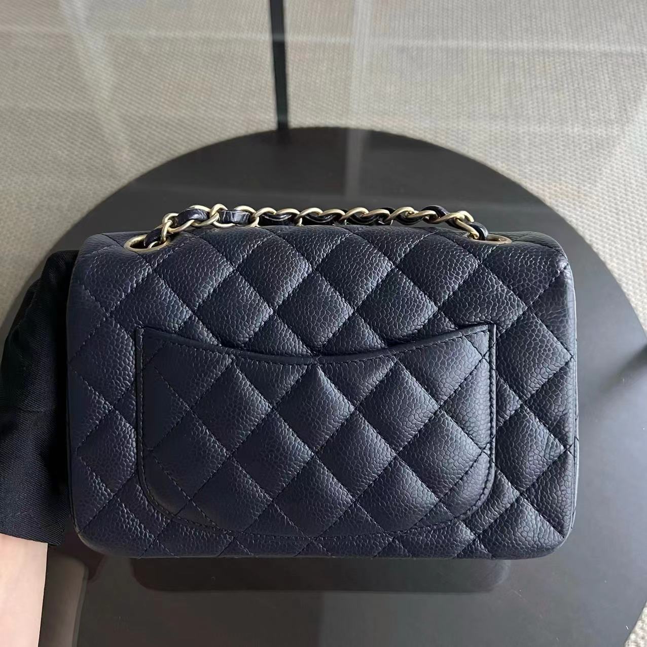 Chanel Caviar Mini Rectangle Classic Flap Quilted Grained Calfskin Dark Blue Golden Hardware Series 21