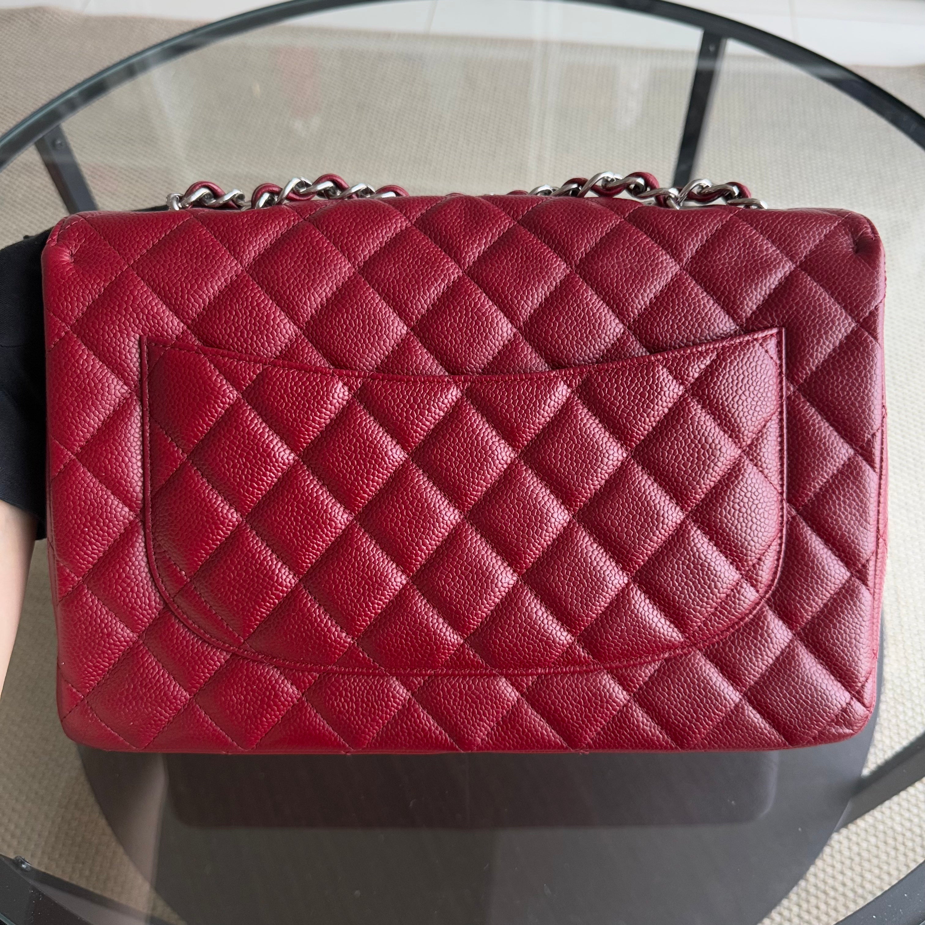 Chanel Classic Flap Jumbo - Caviar 30CM Single Flap Quilted Burgundy Dark Red Silver Hardware Series 13