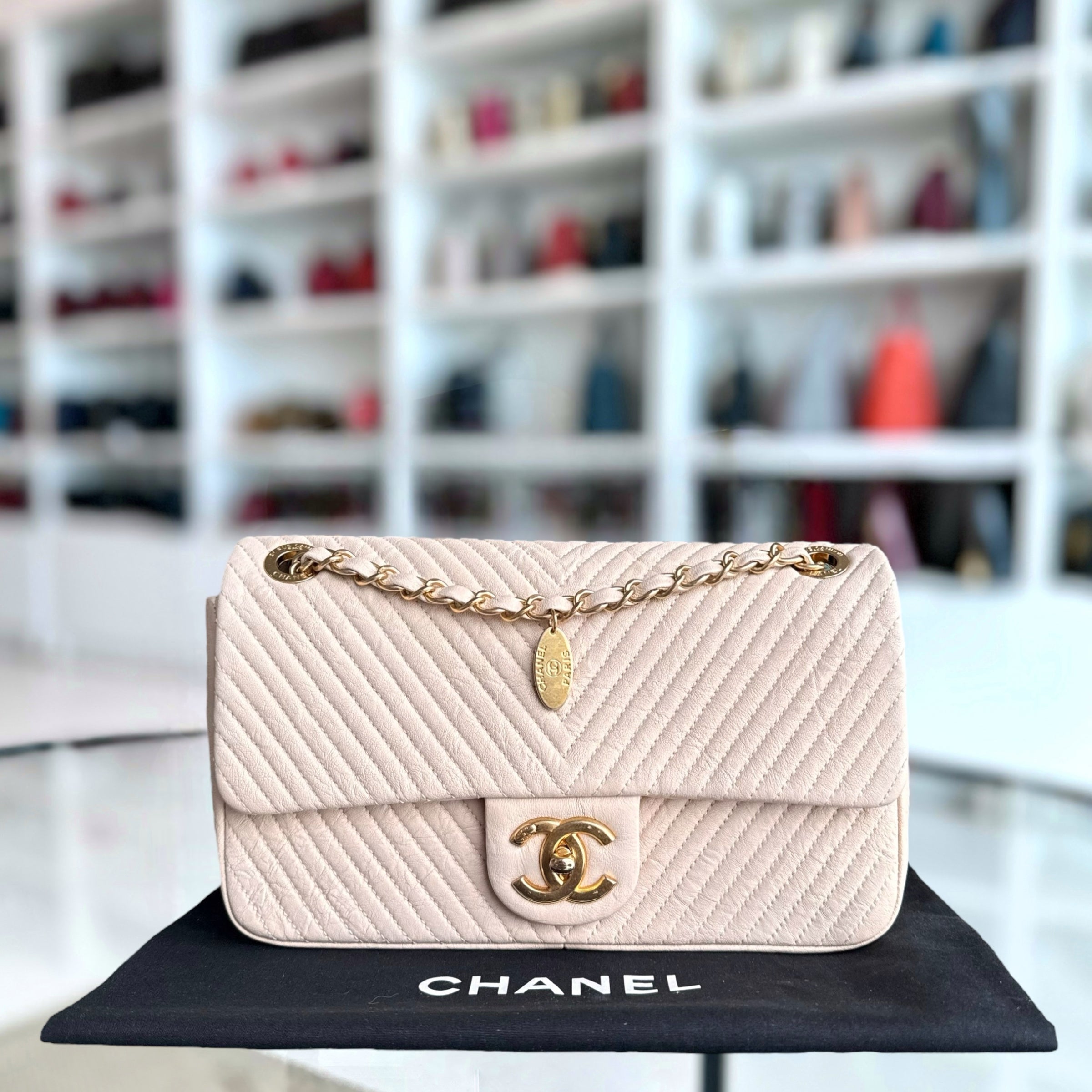 Chanel Surpique Seasonal Cruise Flap - Wrinkled Chevron Lambskin Quilted Medium Flap Beige Gold Hardware Series 18