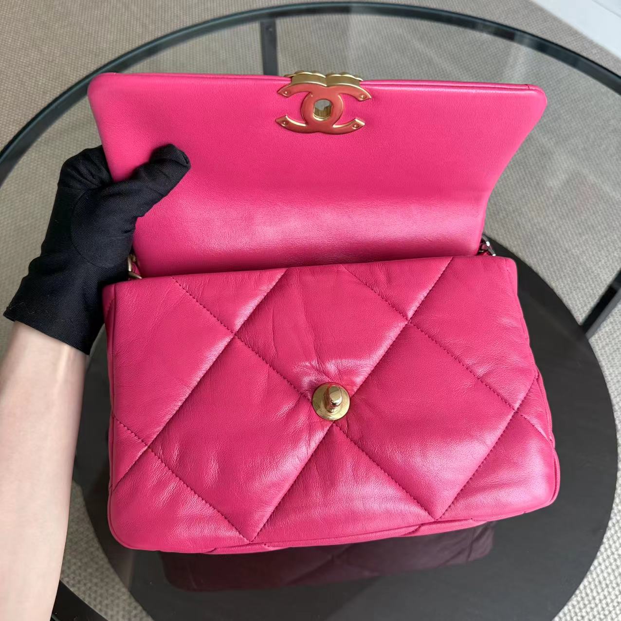 Chanel 19 Bag - Small 26CM C19 Quilted Goatskin Hot Pink Two-tone Gold Hardware Series 29