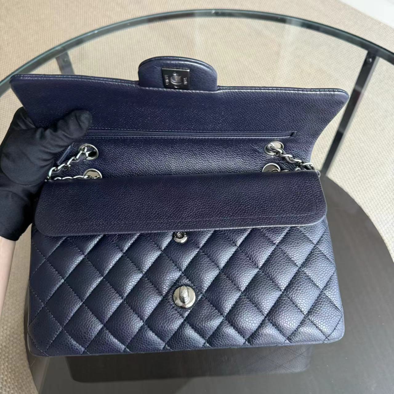 Caviar Medium Classic Flap Quilted Dark Blue Silver Hardware Series 18