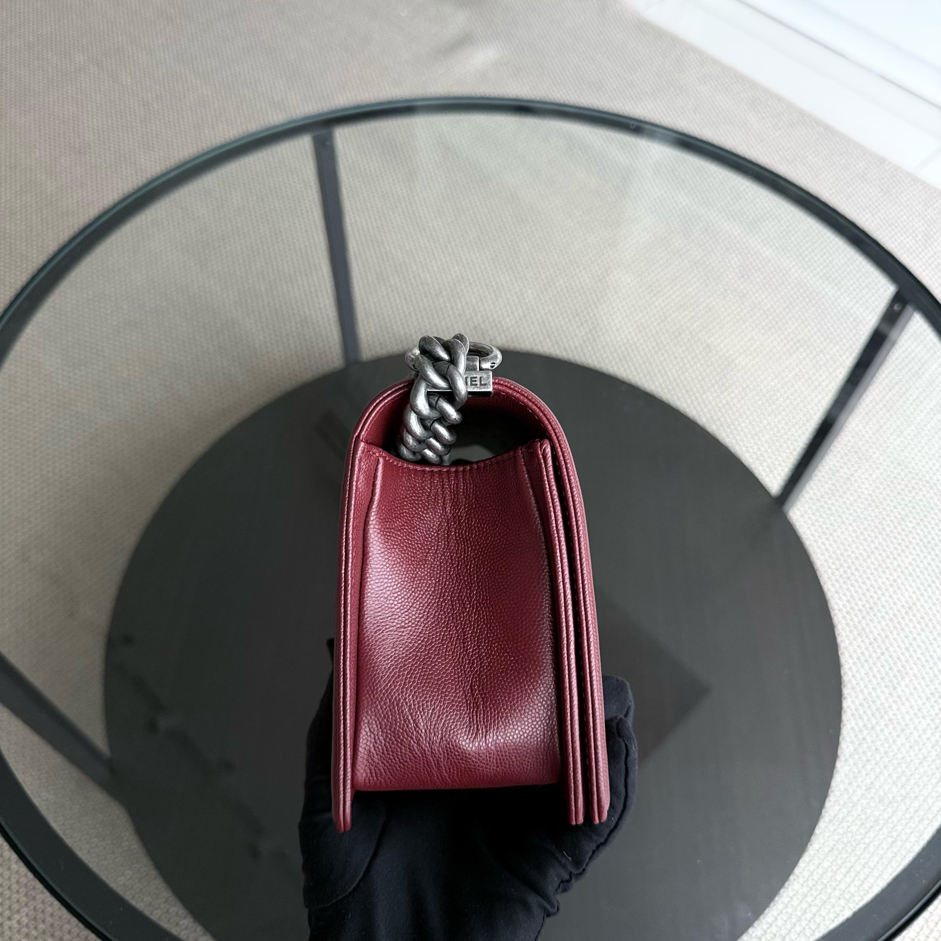 Chanel Boy Medium - Caviar 25CM Chevron Dark Red Burgundy Ruthenium Silver Hardware Series 24
