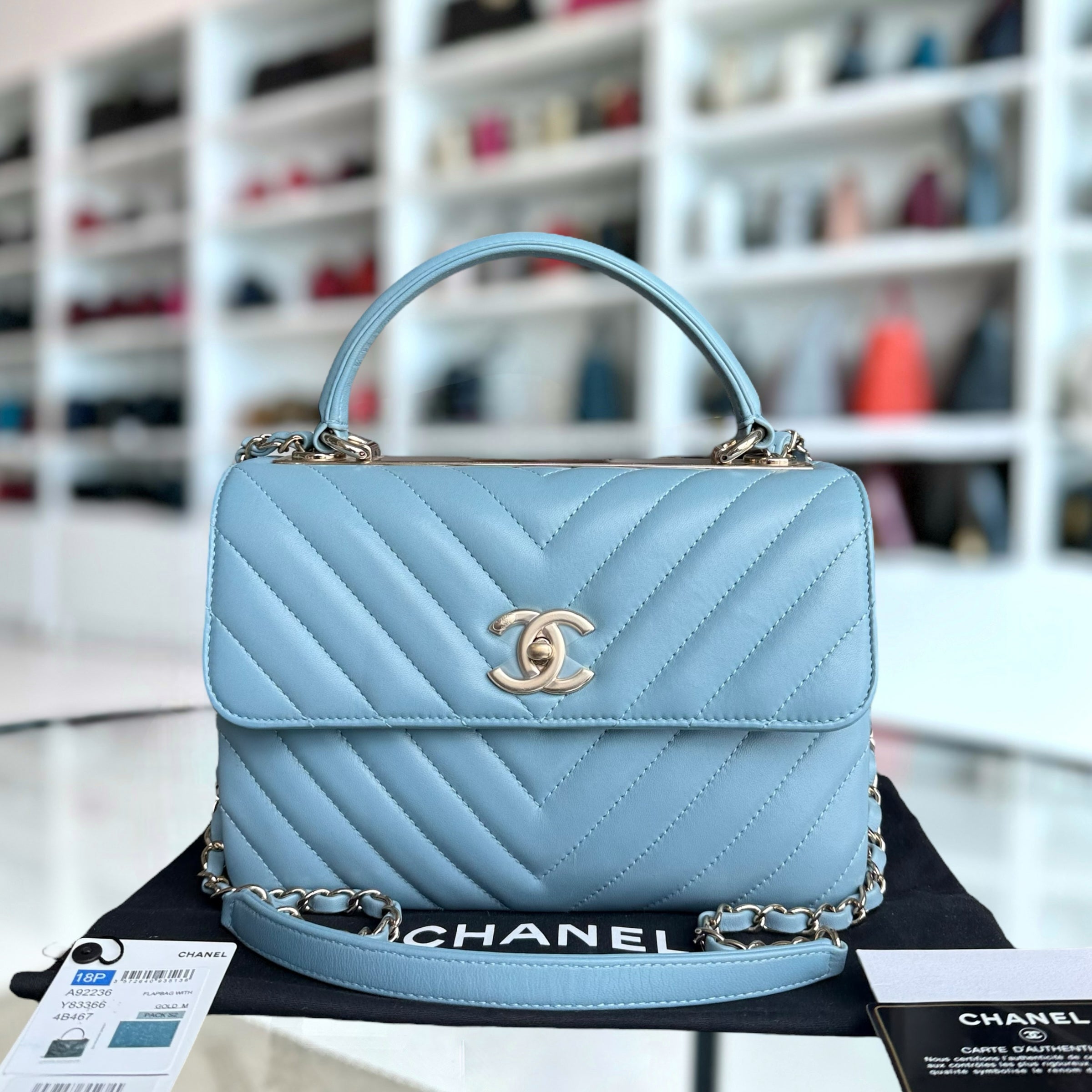 Chanel Trendy CC Small - Chevron Lambskin Light Blue Gold Hardware Series 25