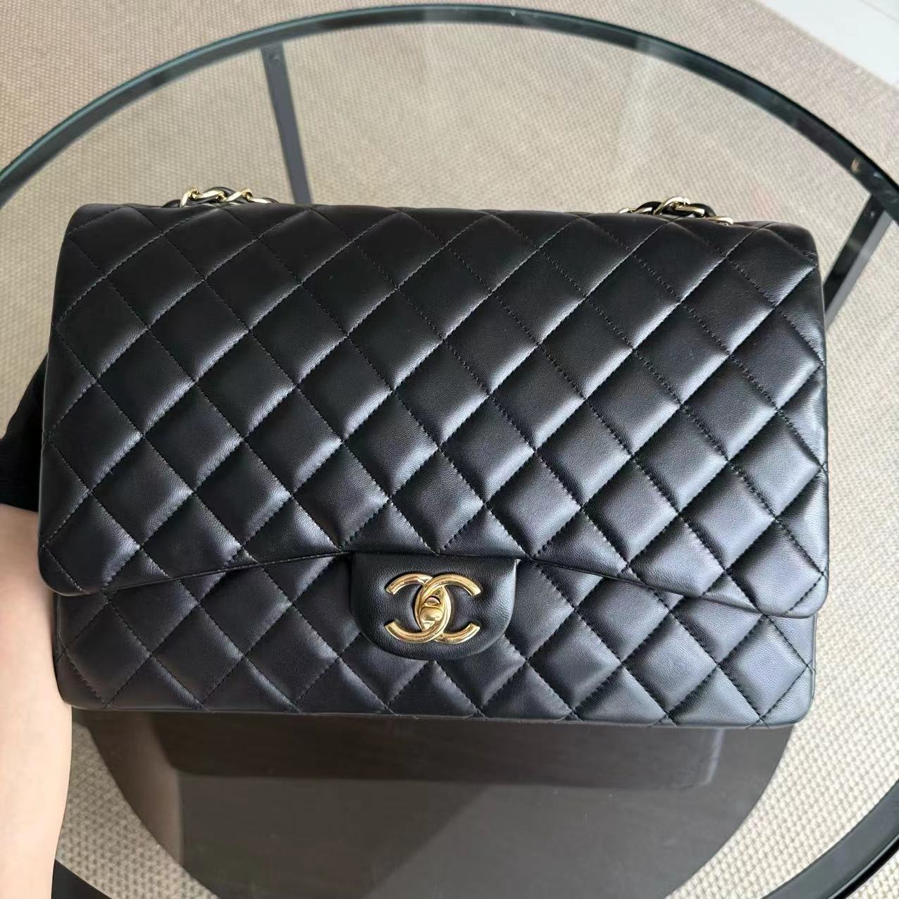 Chanel Classic Flap Maxi - Double Flap Quilted Lambskin Black Gold Hardware Series 16