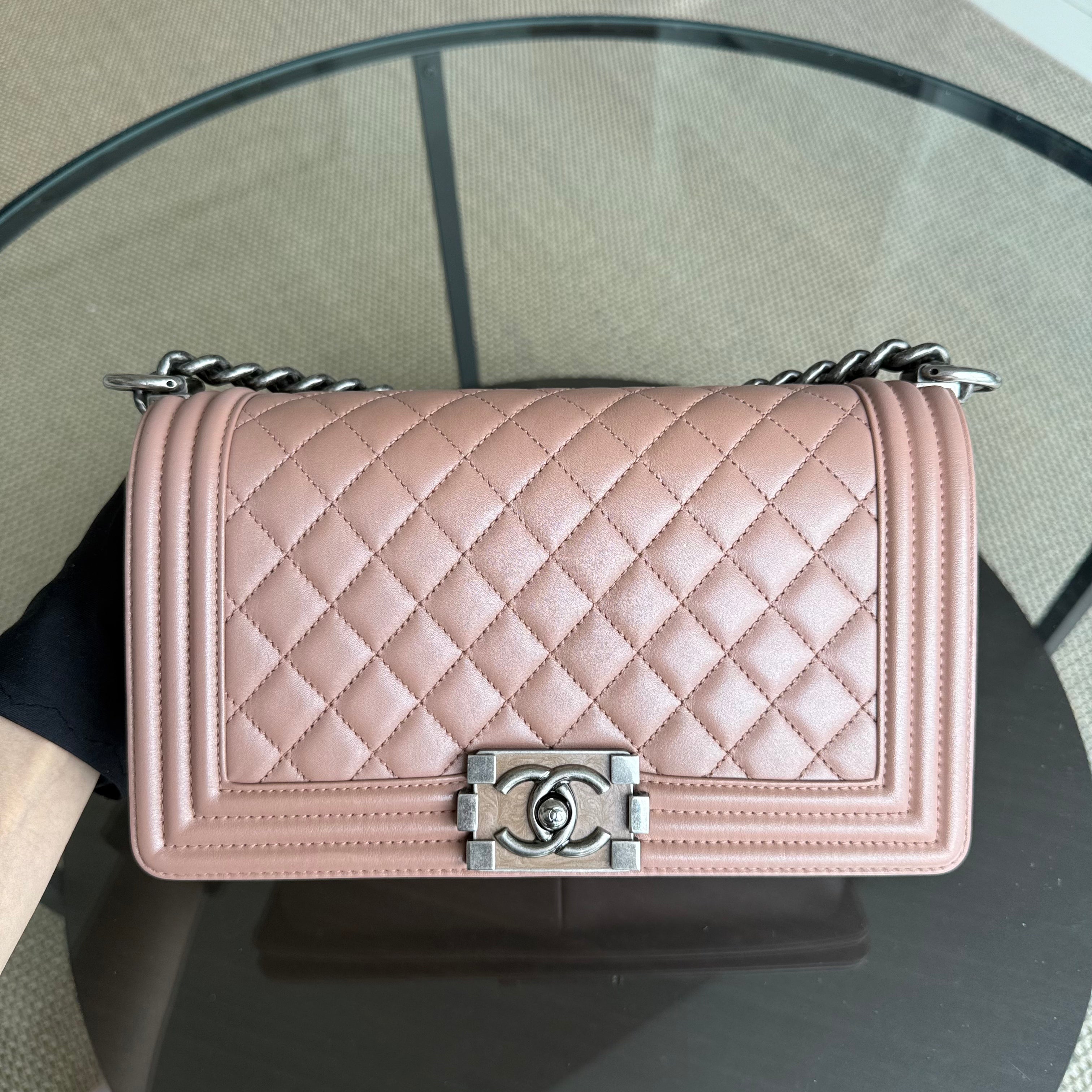 Chanel Boy Medium - 25CM Quilted Lambskin Blush Ruthenium Silver Hardware Series 20