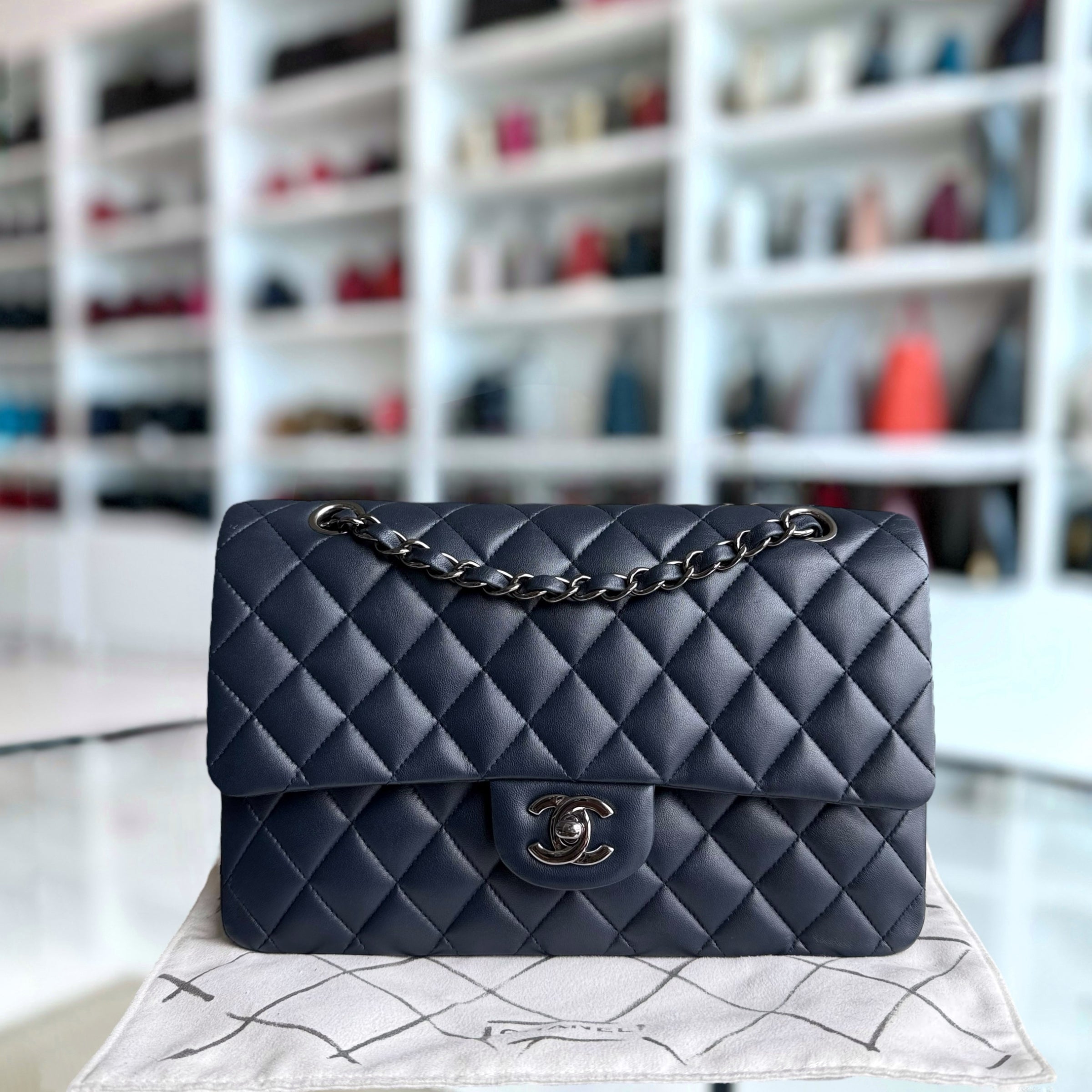 Chanel Classic Flap Medium - 25CM Quilted Lambskin Dark Midnight Blue Silver Hardware Series 18