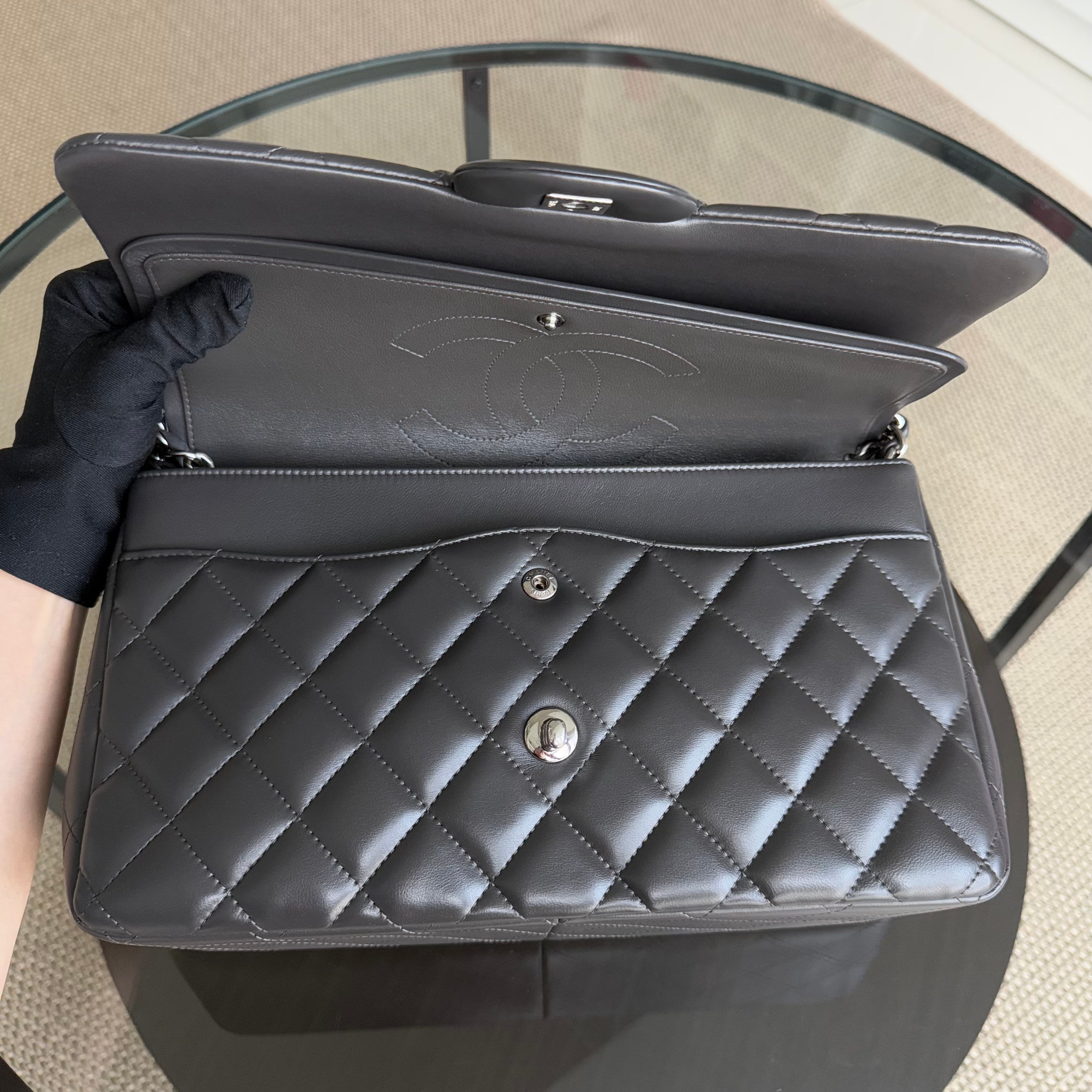 Chanel Classic Flap Jumbo - 30CM Quilted Lambskin Double Flap Dark Grey Gray Silver Hardware Series 16