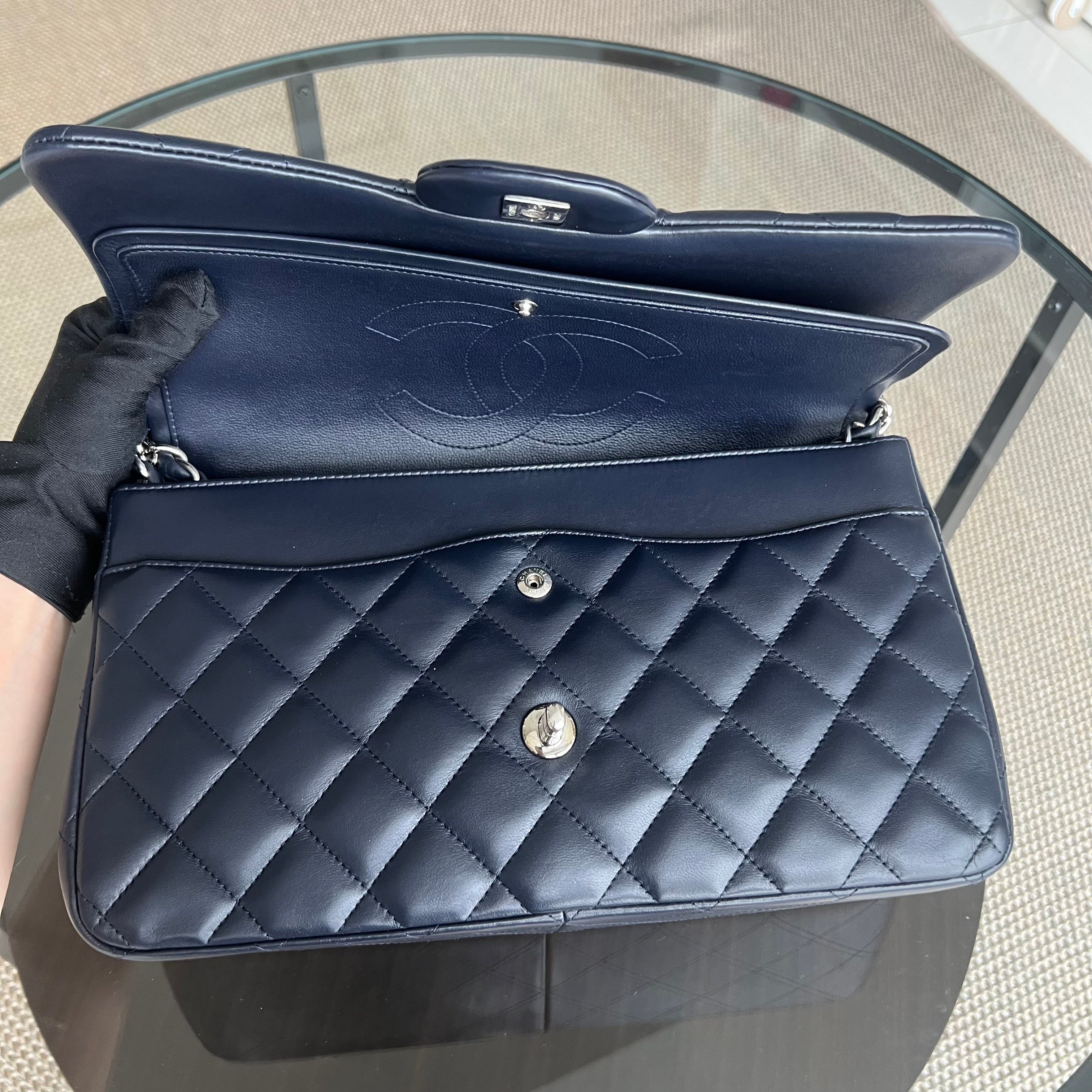 Chanel Classic Flap Jumbo - Double Flap Lambskin 30CM Quilted Dark Navy Blue Silver Hardware Series 16