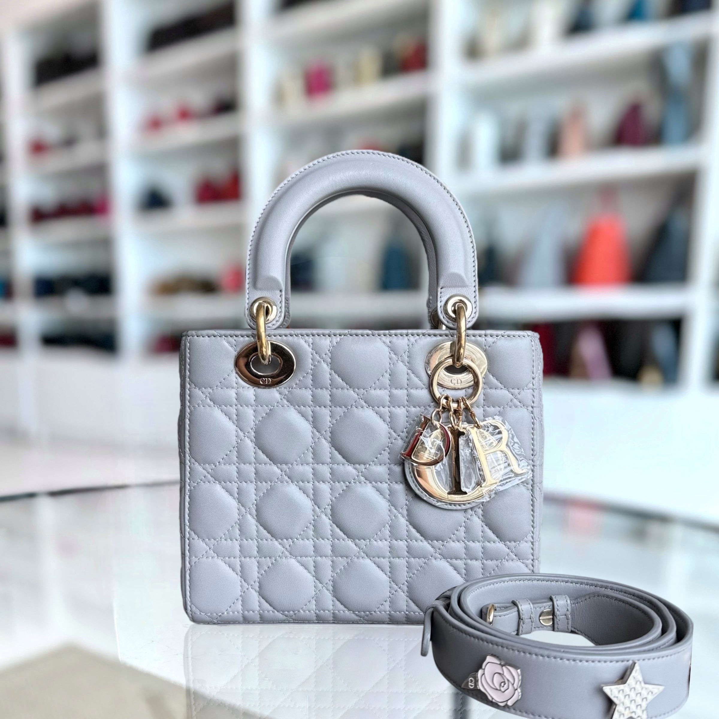 Dior Lady Small - Cannage Lambskin Grey Gray Gold Hardware