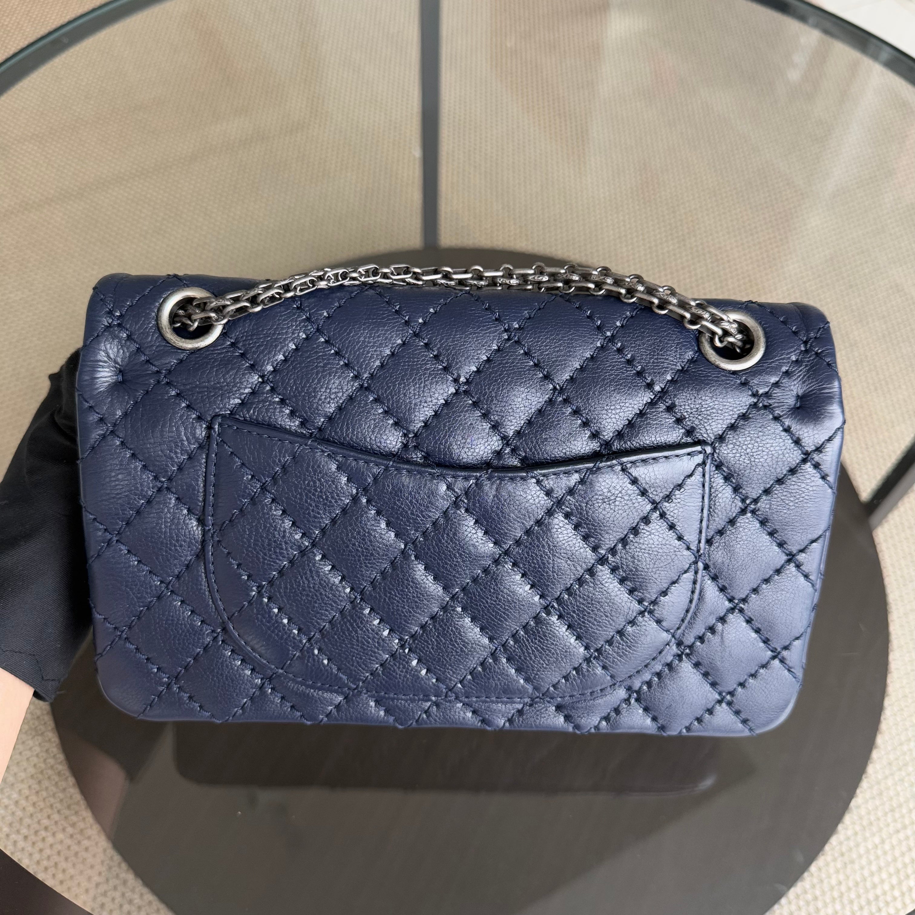 Chanel 2.55 225 Reissue - Small 24CM Quilted Grained Calfskin Dark Blue Ruthenium Silver Hardware Series 22