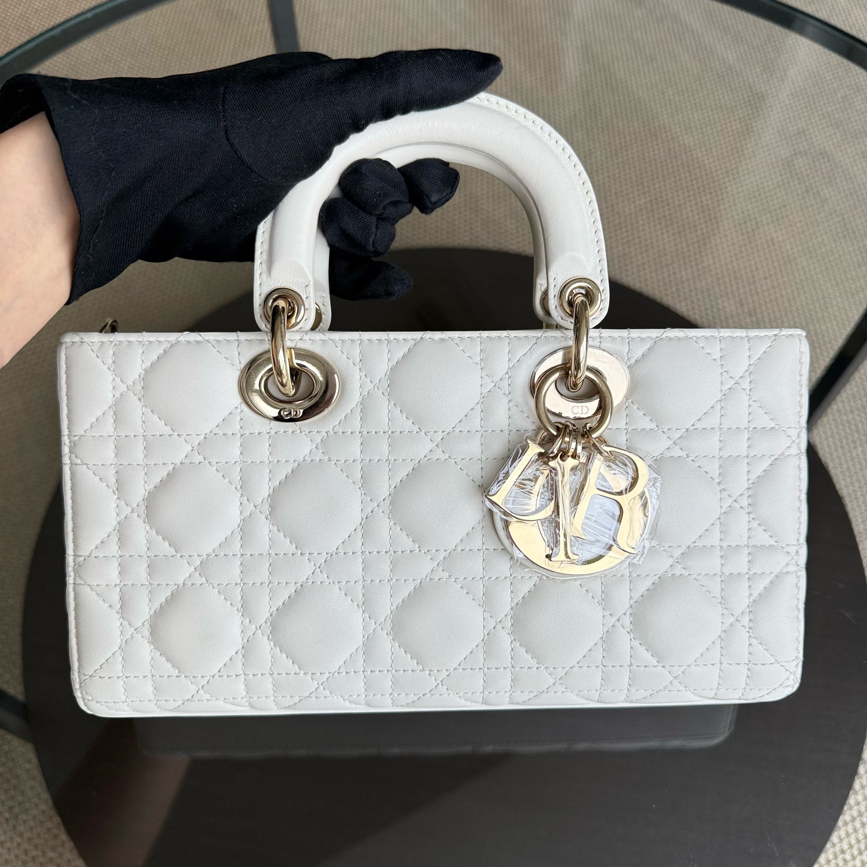 Dior D-joy Medium - Cannage Lambskin White Gold Hardware