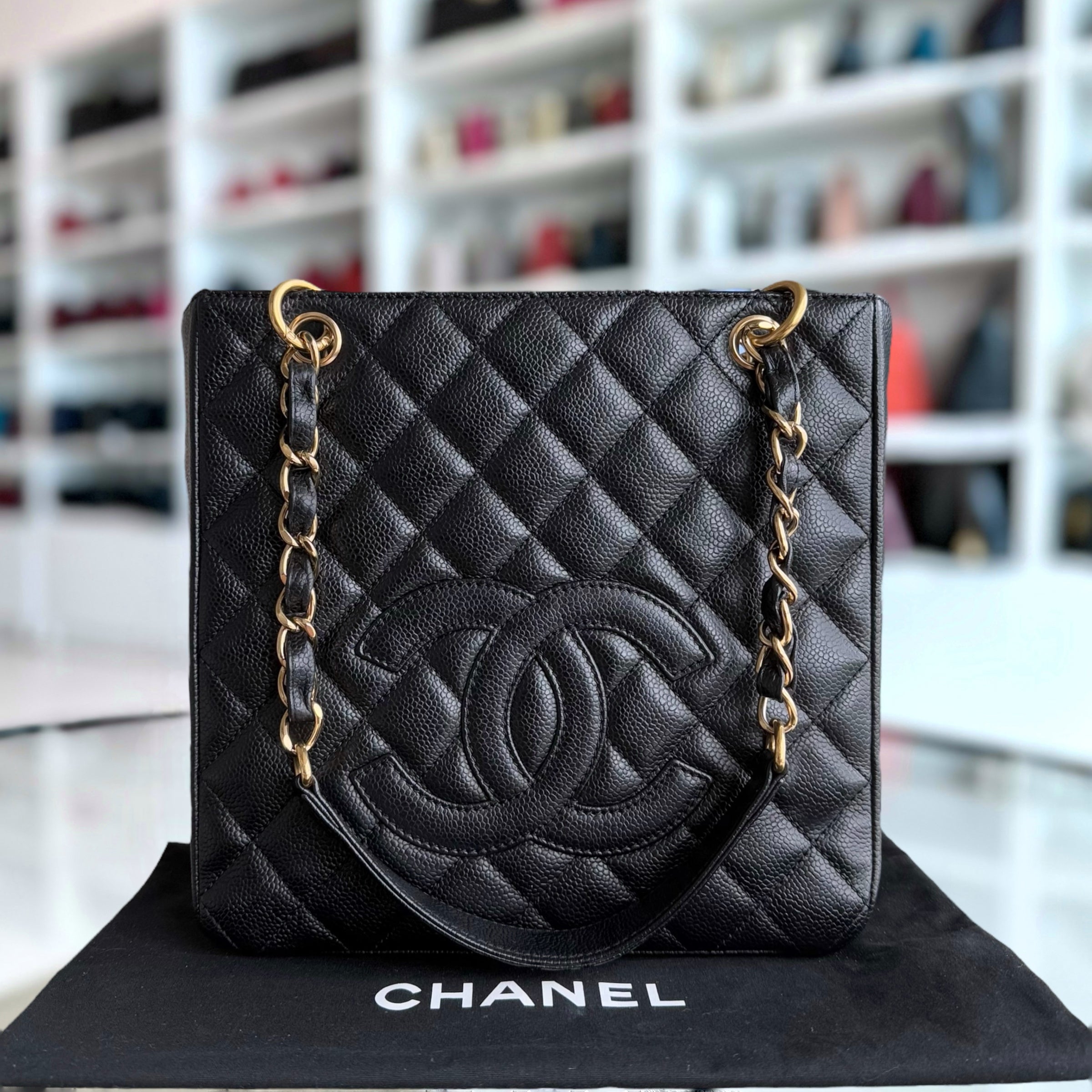 Chanel PST Petite Shopping Tote - Caivar Quilted Black Gold Hardware Series 11