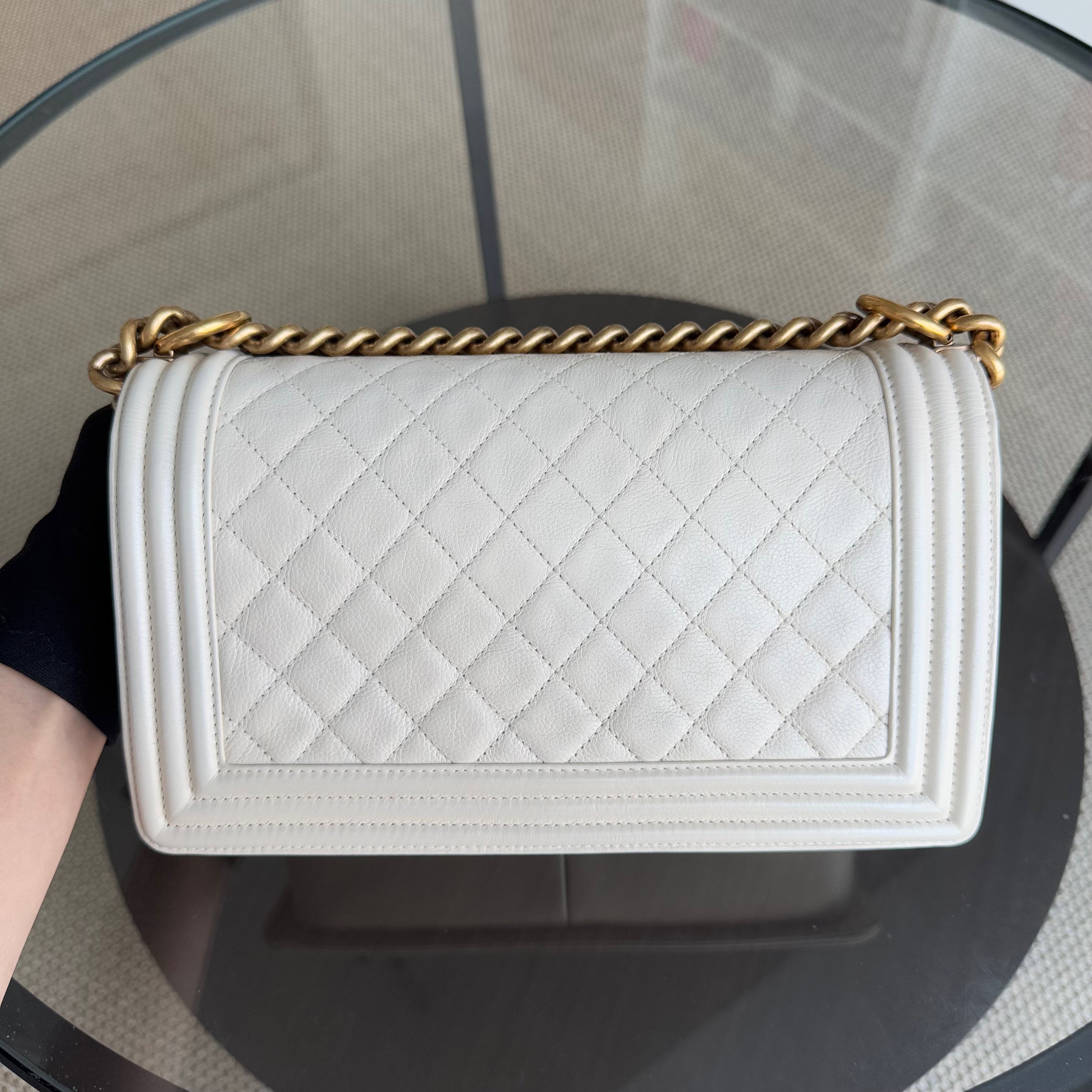 Chanel Boy Medium - 25CM Quilted Calfskin Cream White Gold Hardware Series 20