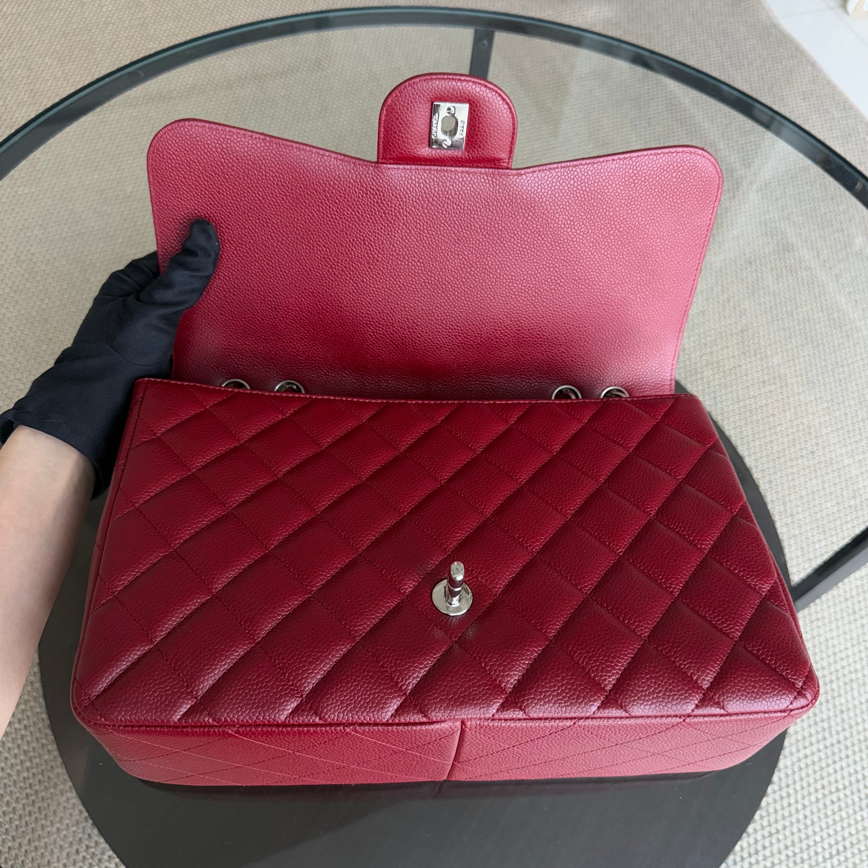 Chanel Classic Flap Jumbo - Caviar 30CM Single Flap Quilted Burgundy Dark Red Silver Hardware Series 13