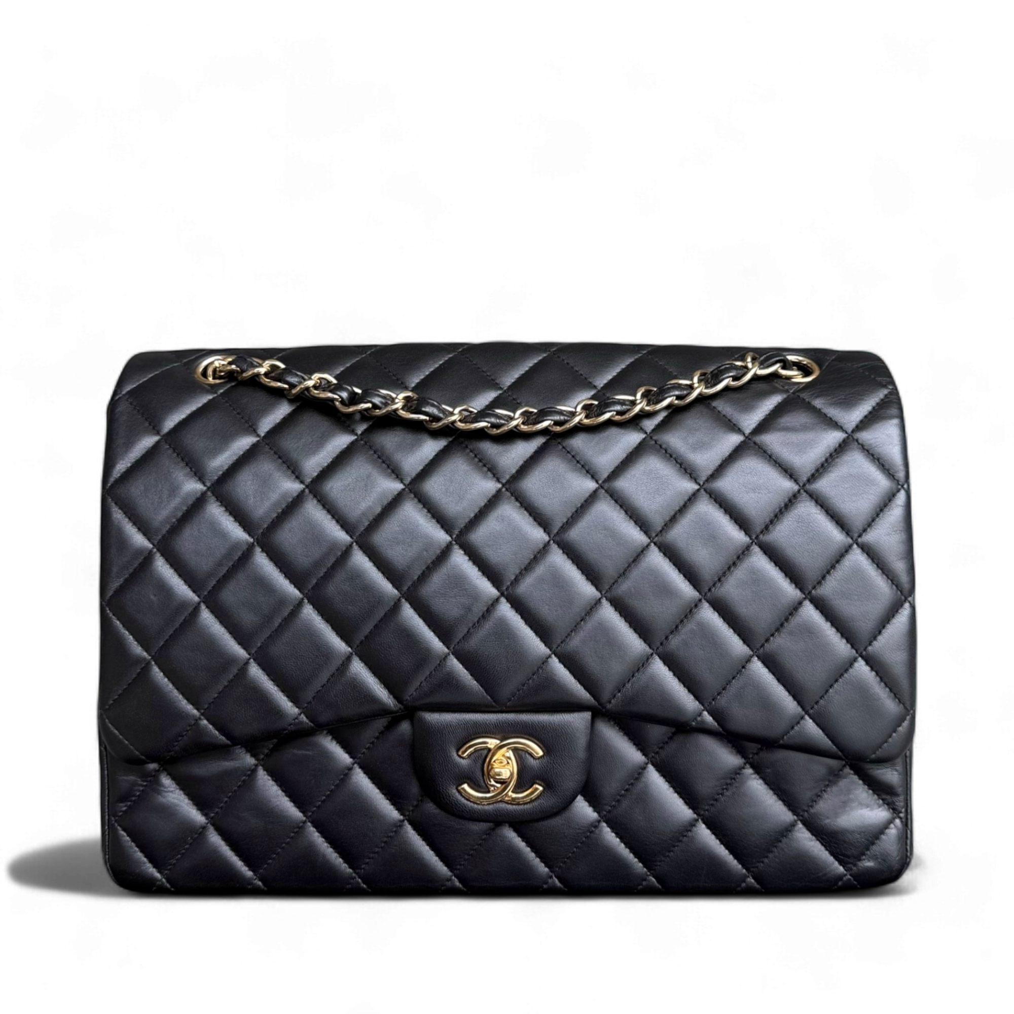 Chanel Classic Flap Maxi - 34CM Quilted Single Flap Lambskin Black Gold Hardware Series 13