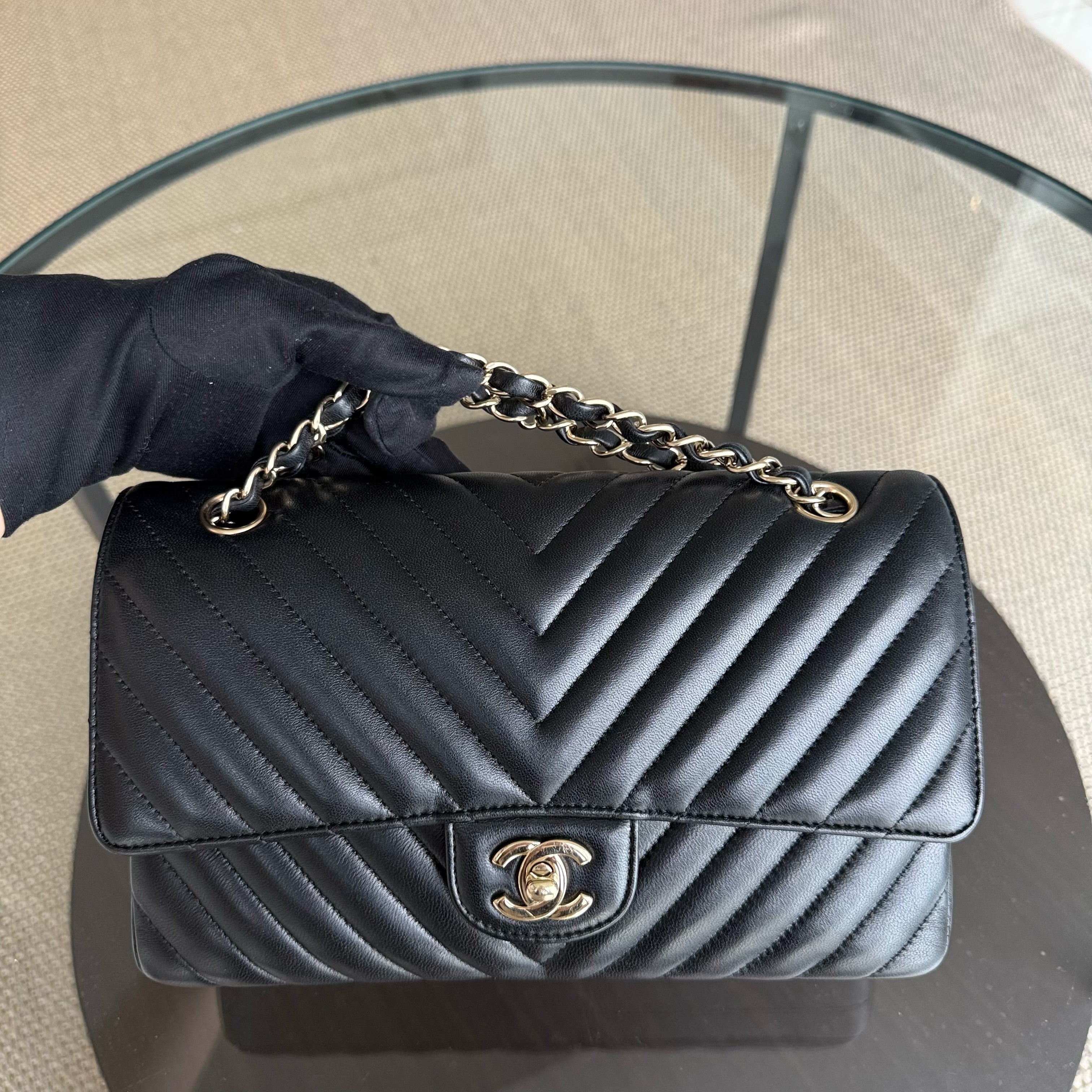 Chanel Classic Flap Medium - 25CM Chevron Lambskin Black Gold Hardware Series 25