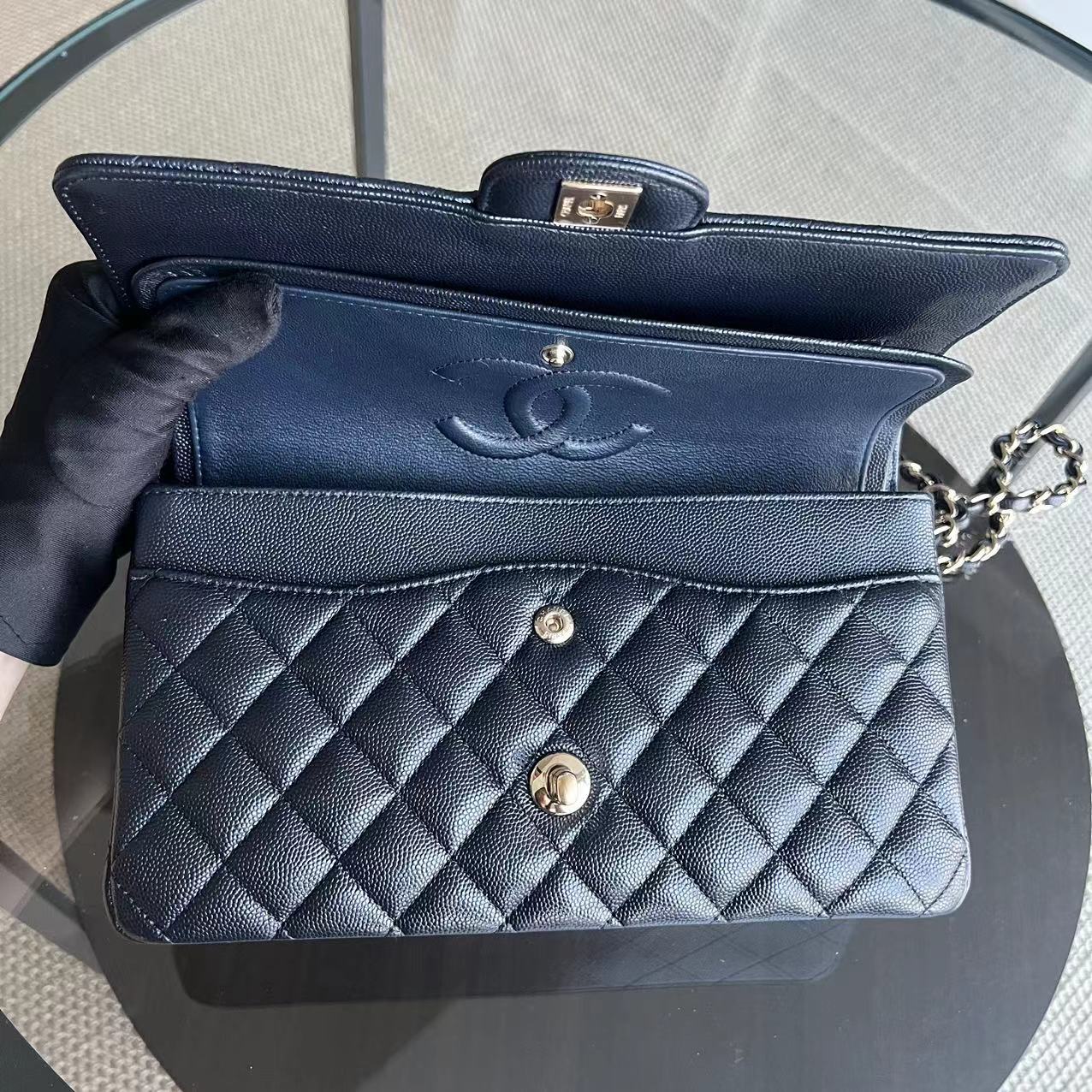 *Unused, Full Set Receipt* Chanel Caviar Classic Flap Double Flap Quilted Grained Calfskin Dark Blue Golden Hardware Series 28