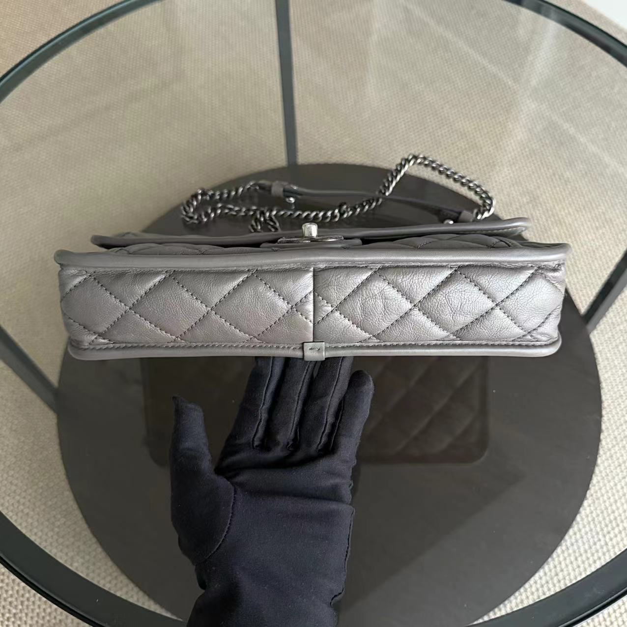 Chanel Flap French Riviera - Calfskin 28CM Grey Quilted Gray Ruthenium Palladium Silver Hardware Series 20