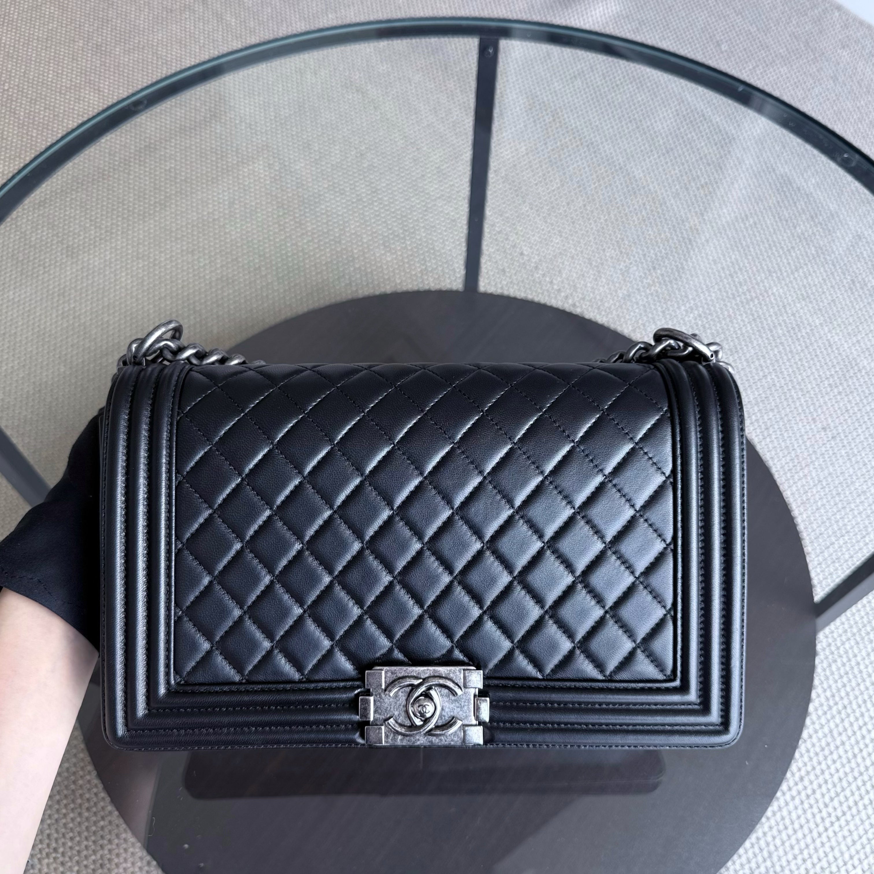 Chanel Boy New Medium - 28CM Quilted Lambskin Black Ruthenium Silver Hardware Series 21