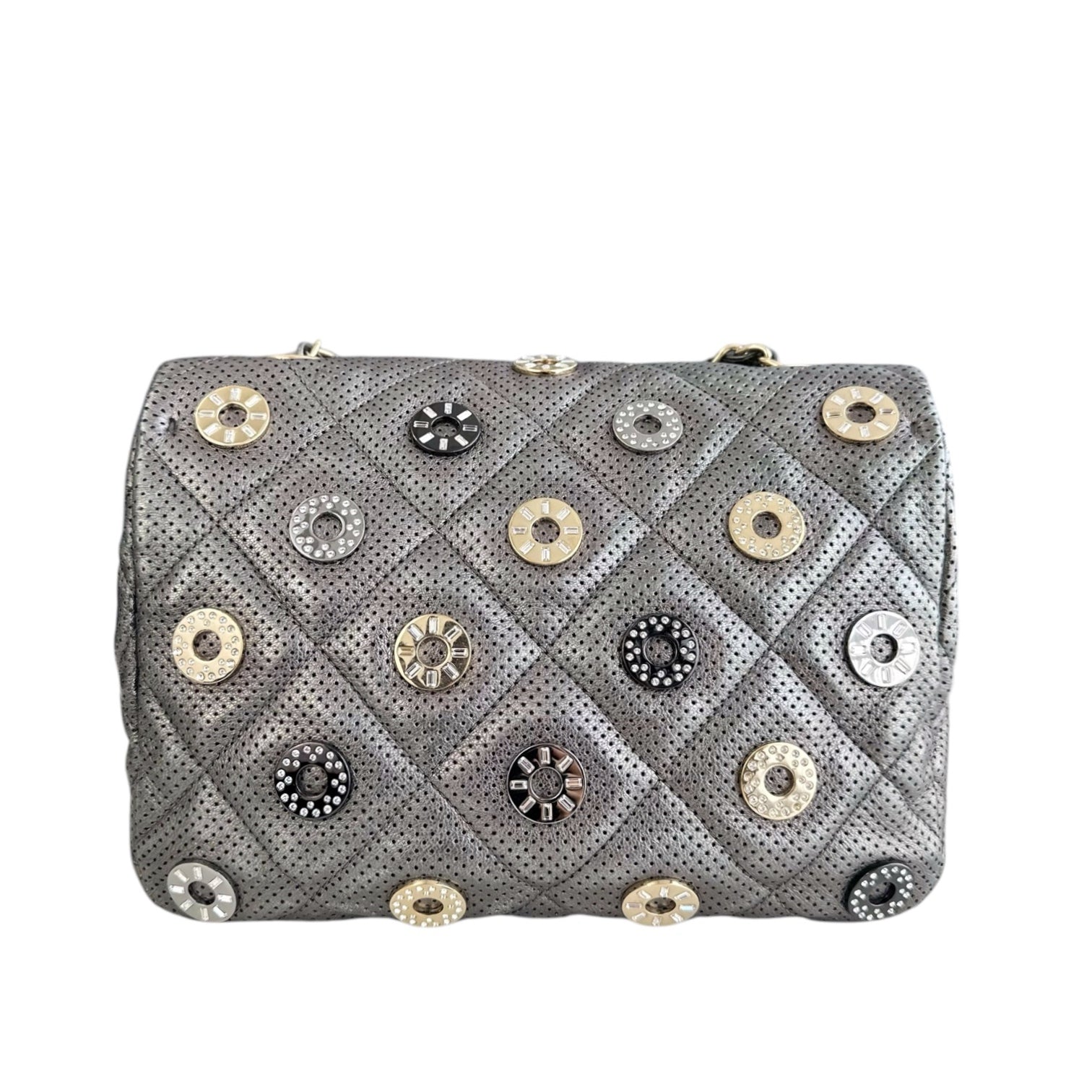 Chanel Seasonal Flap - Cruise Paris-Dubai Medals 2015 Perforated Calfskin Gray Grey Silver Hardware Series 20