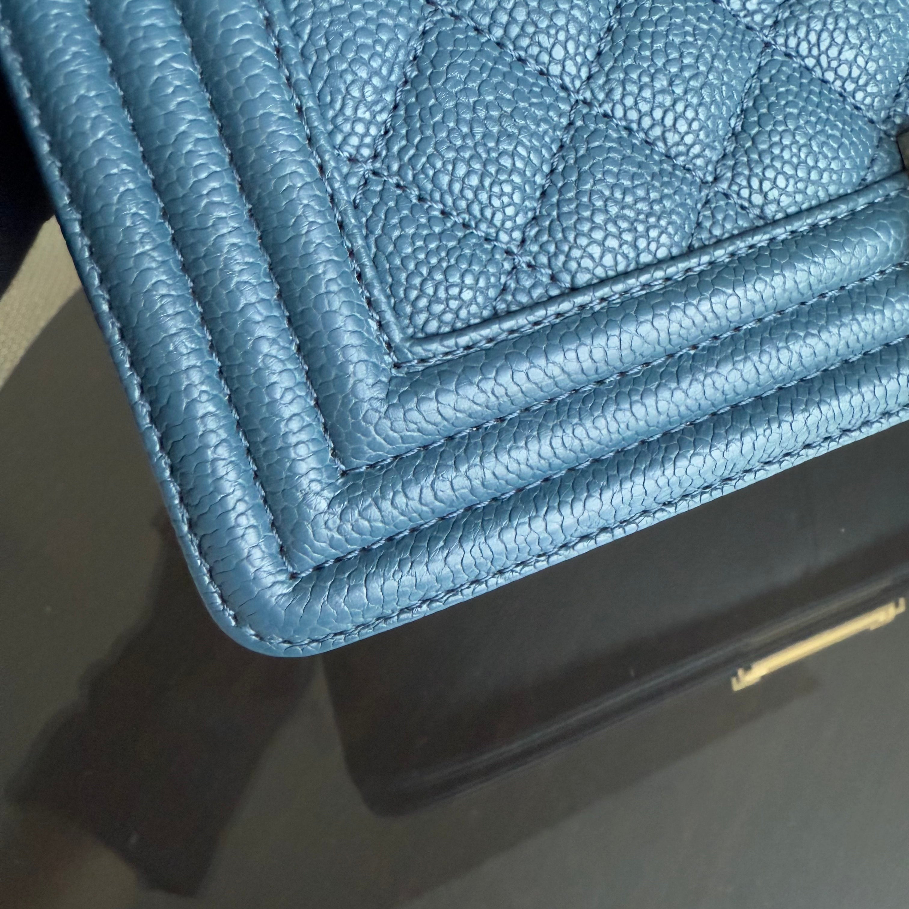 Chanel Boy Medium - Caviar 25CM Quilted Blue Gold Hardware Series 23