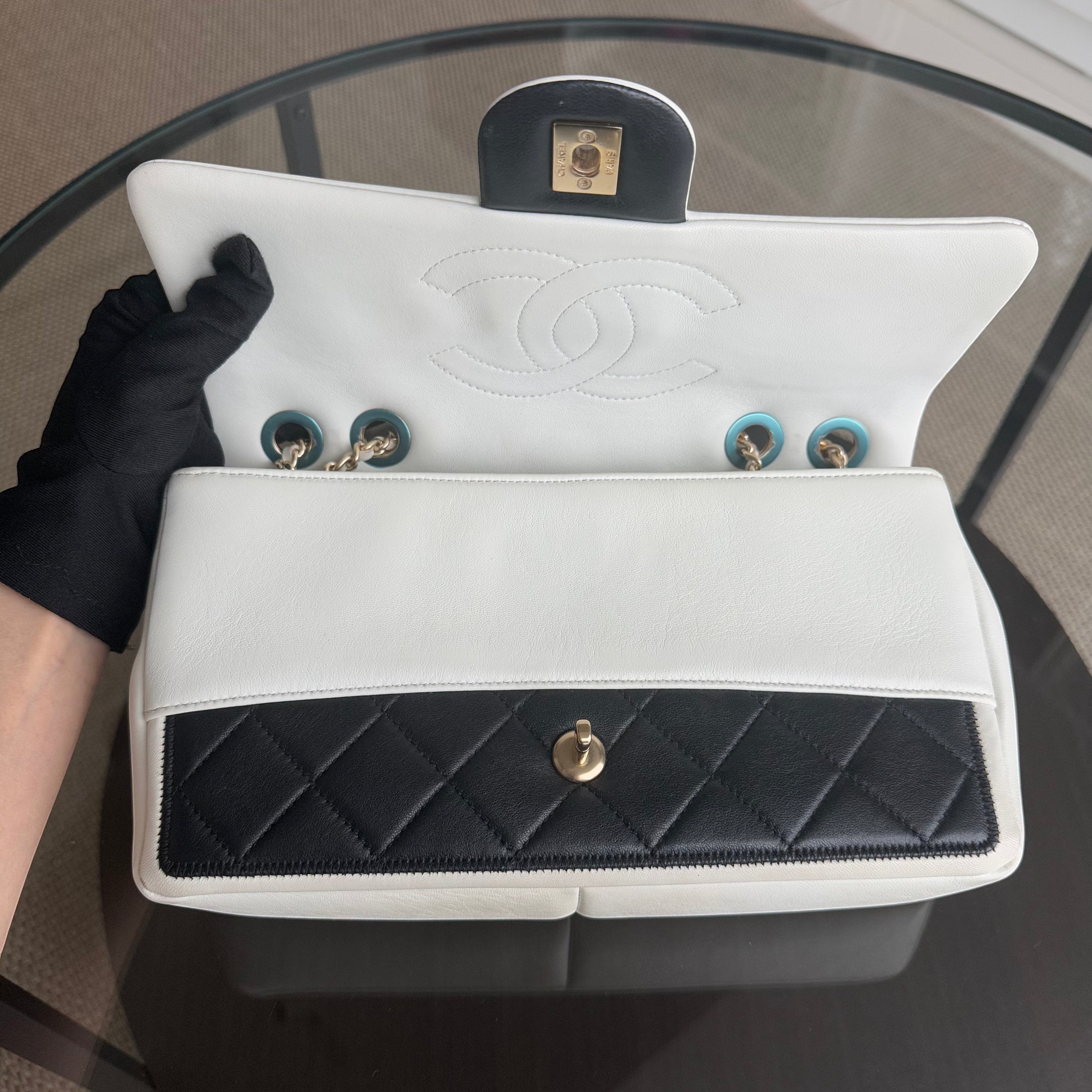Chanel Seasonal Flap - Medium Graphic Quilted Lambskin Black White Gold Hardware Series 20