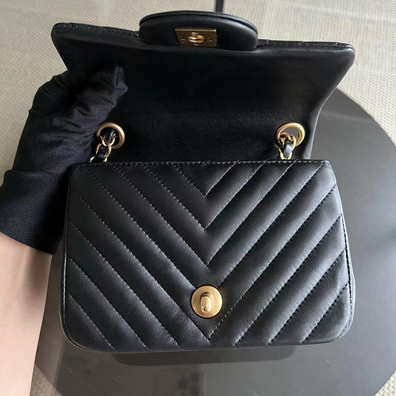 Chanel Mini Square Classic Flap Chevron Black Golden Hardware Series 21