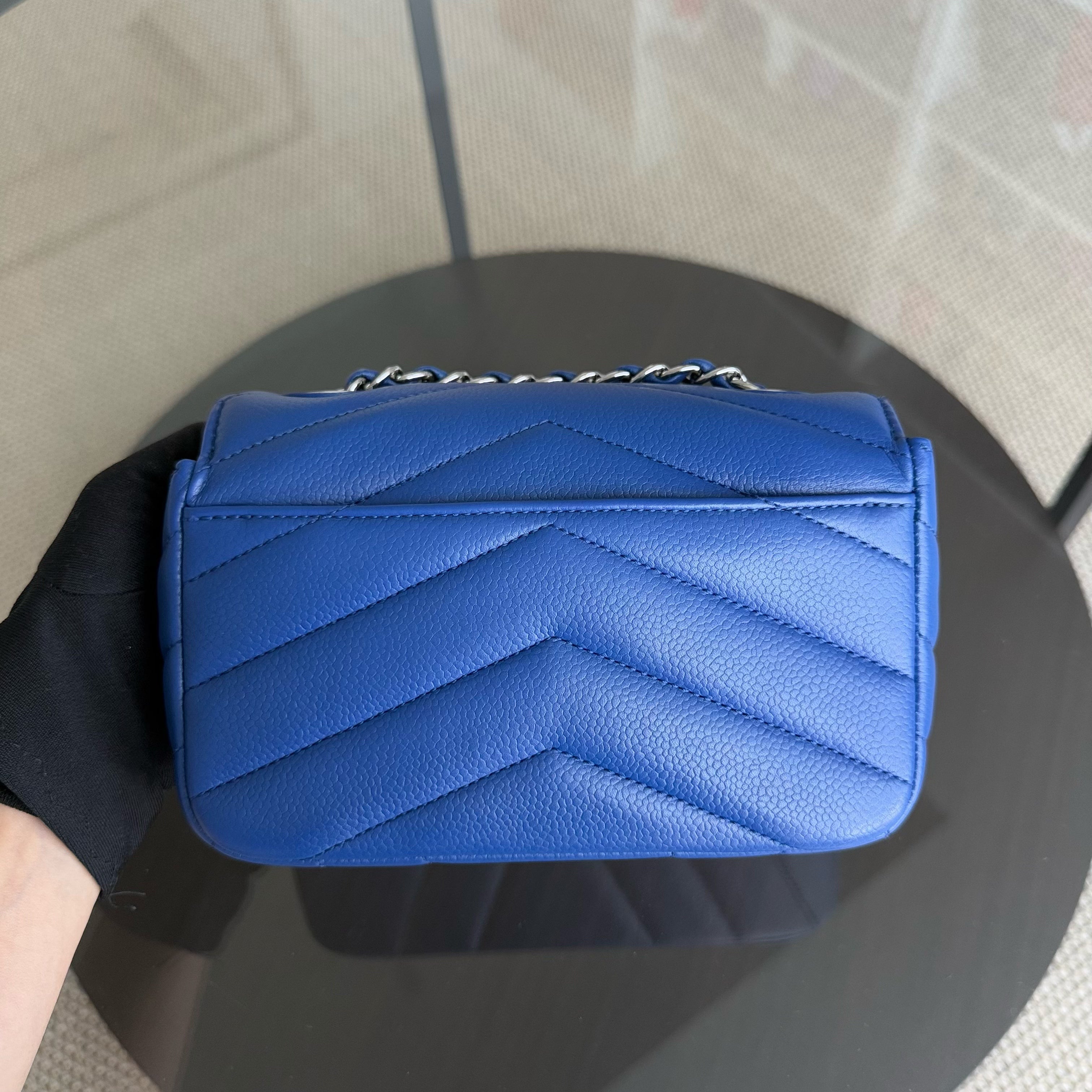 Chanel Seasonal Flap - Caviar V Stitch Chevron Mini Square Blue Silver Hardware Series 24