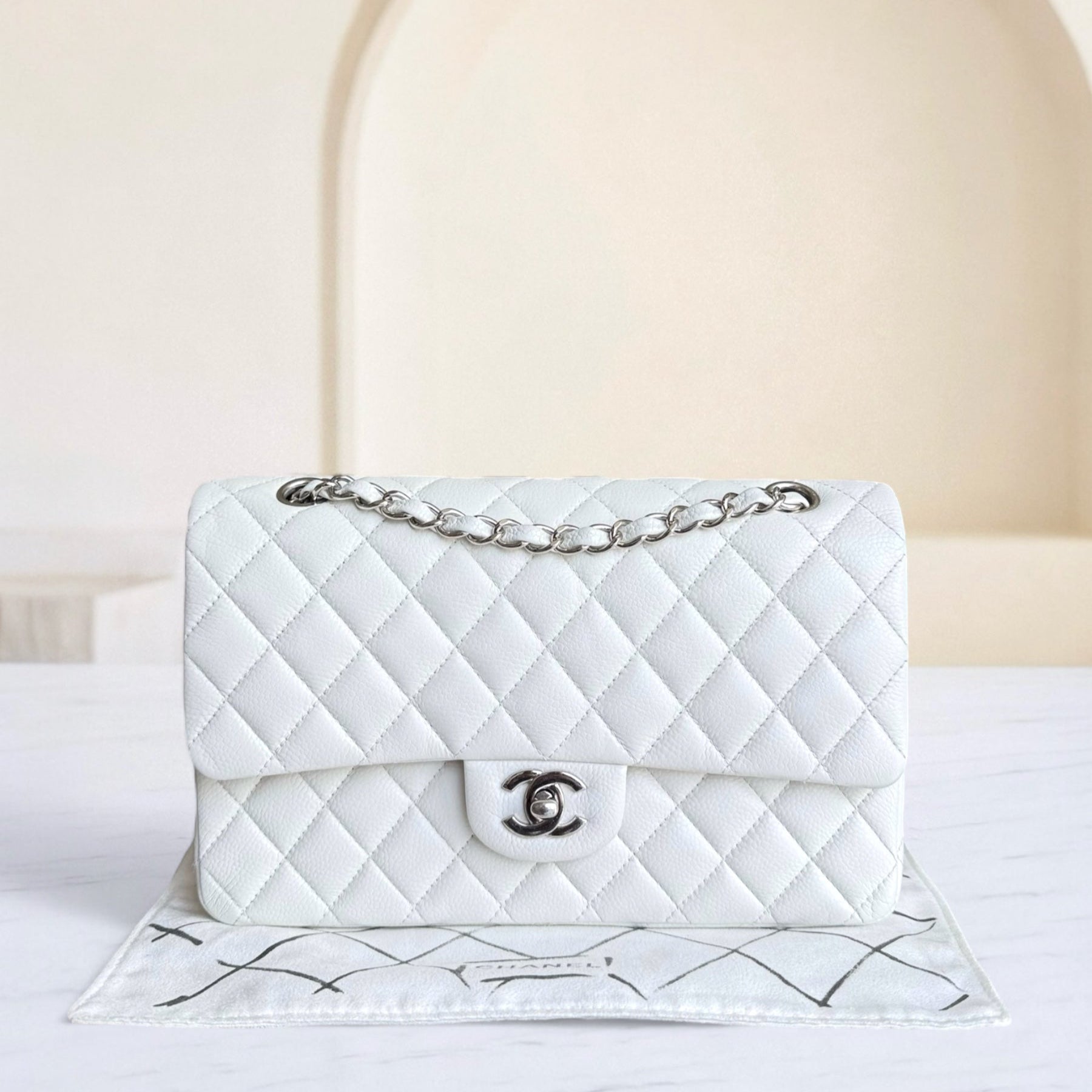 Chanel Classic Flap Medium - Caviar 25CM Quilted White Silver Hardware Series 18