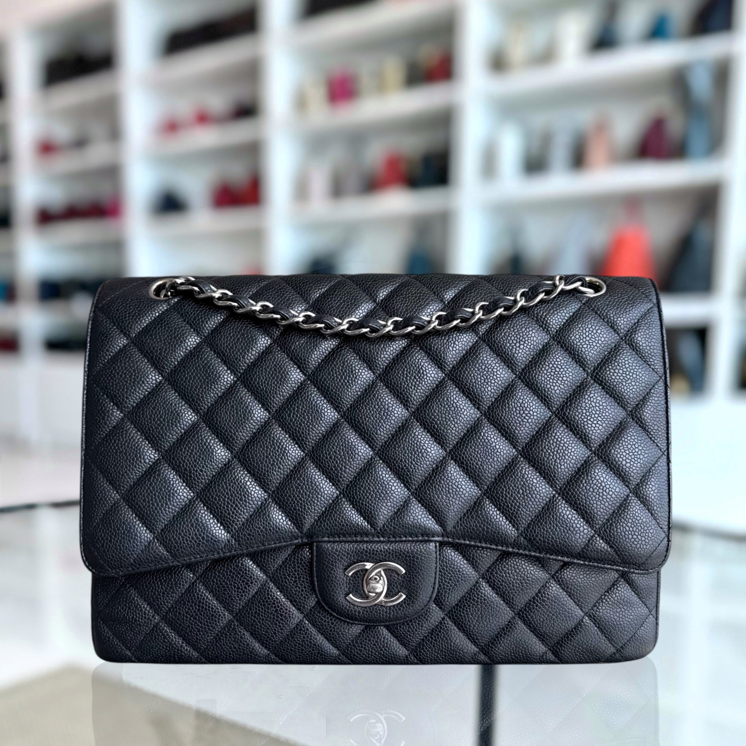 Chanel Classic Flap Maxi - Caviar 33CM Single Flap Quilted Black Silver Harware Series 14