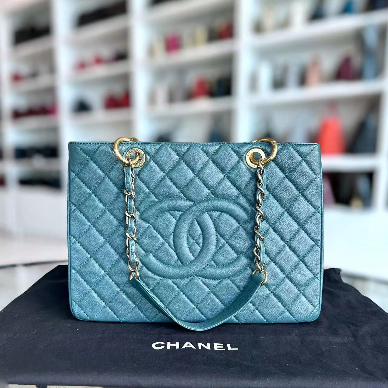 Balance 1 of Chanel Caviar GST Grand Shopping Tote Quilted Grained Calfskin Green Blue Malachite Silver Hardware Series 14 - Luxury Evermore