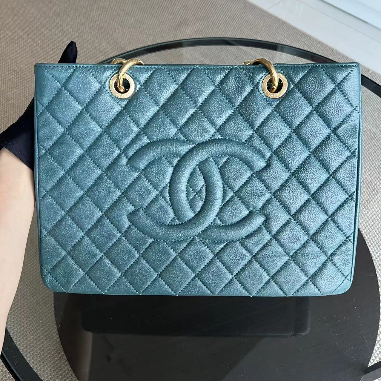 Balance 1 of Chanel Caviar GST Grand Shopping Tote Quilted Grained Calfskin Green Blue Malachite Silver Hardware Series 14 - Luxury Evermore