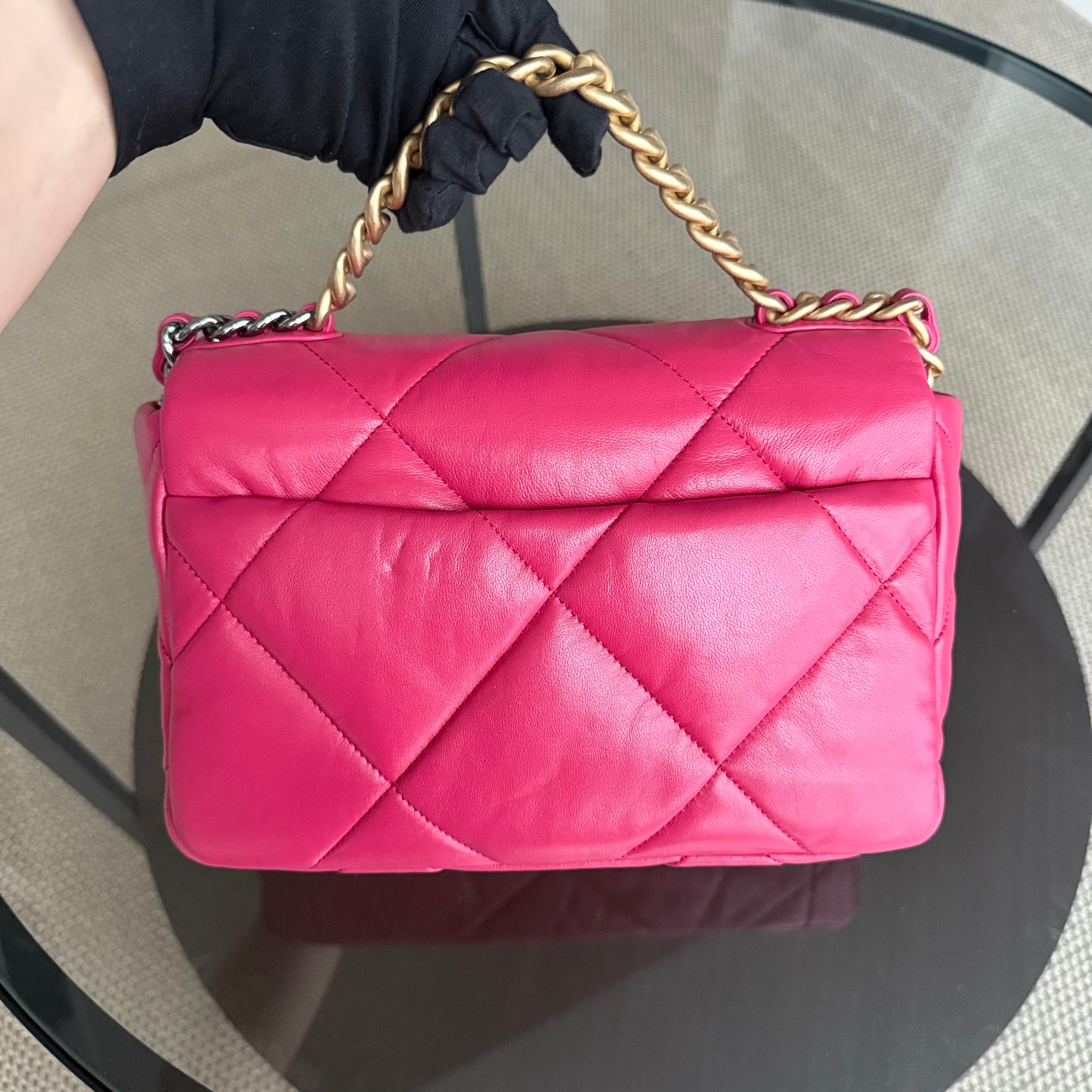 Chanel 19 Bag Small - Quilted Goatskin Hot Pink Two-tone Gold Hardware Series 29