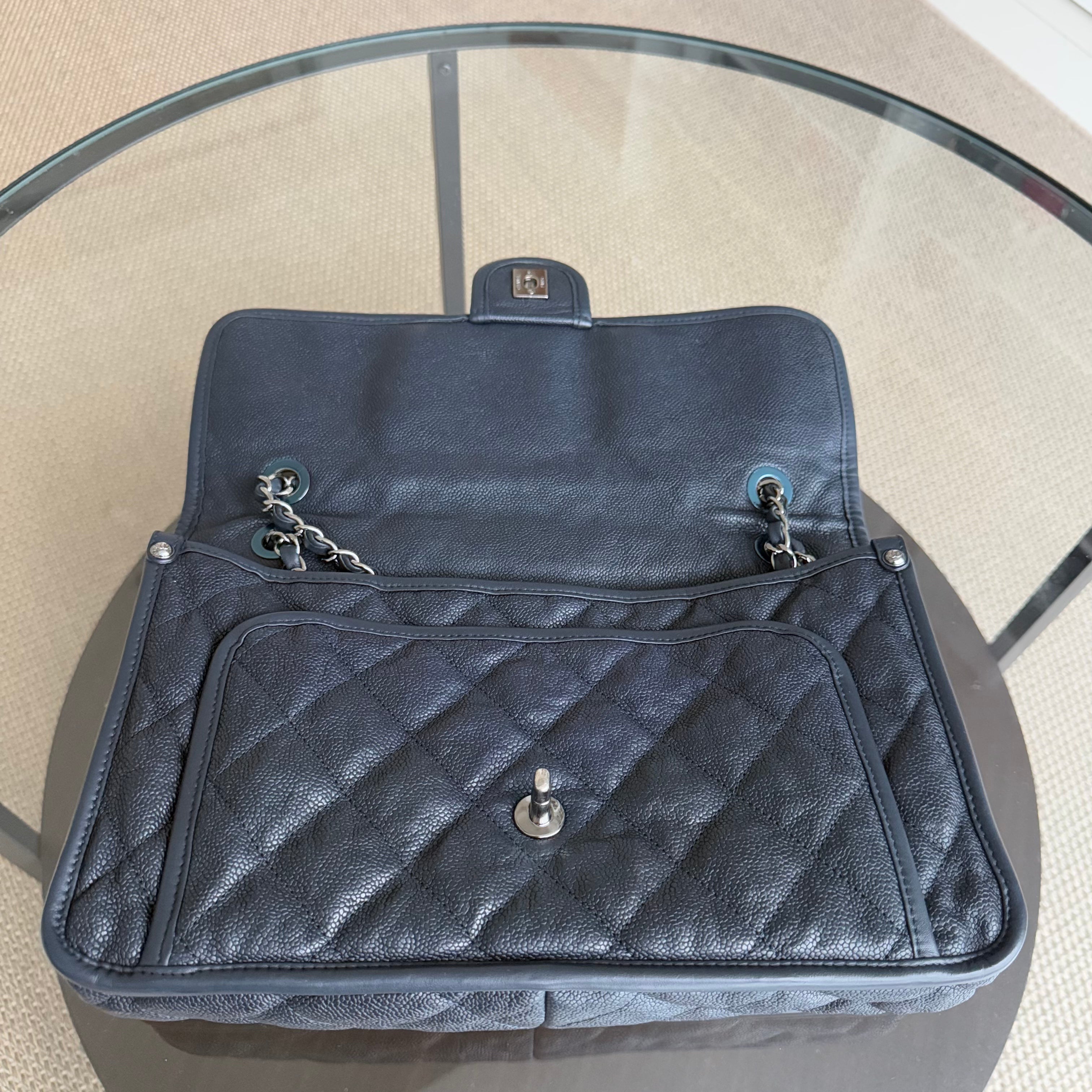 Chanel French Riviera Jumbo - Caviar 30CM Quilted Dark Navy Blue Silver Hardware Series 19