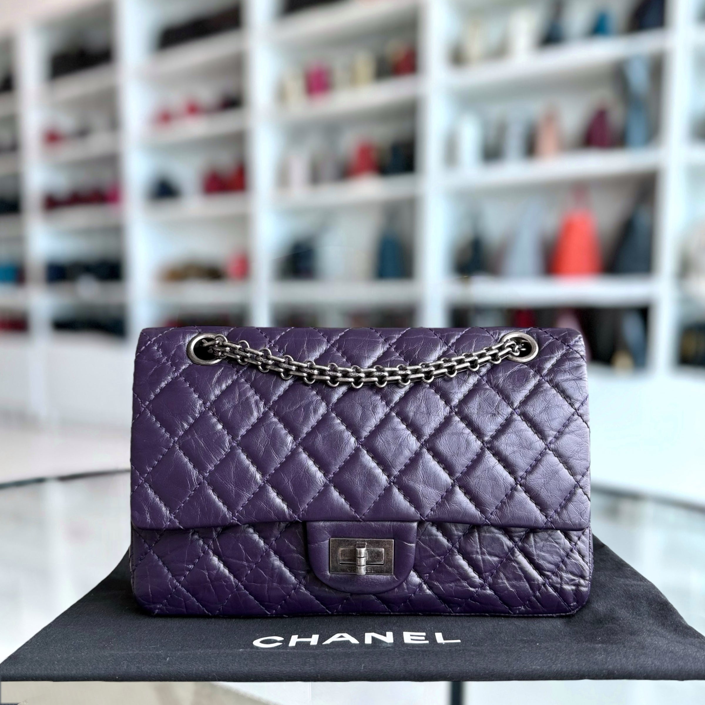 Chanel 2.55 Reissue 224 - Quilted Aged Calfskin Dark Violet Purple Aged Silver Hardware Series 17