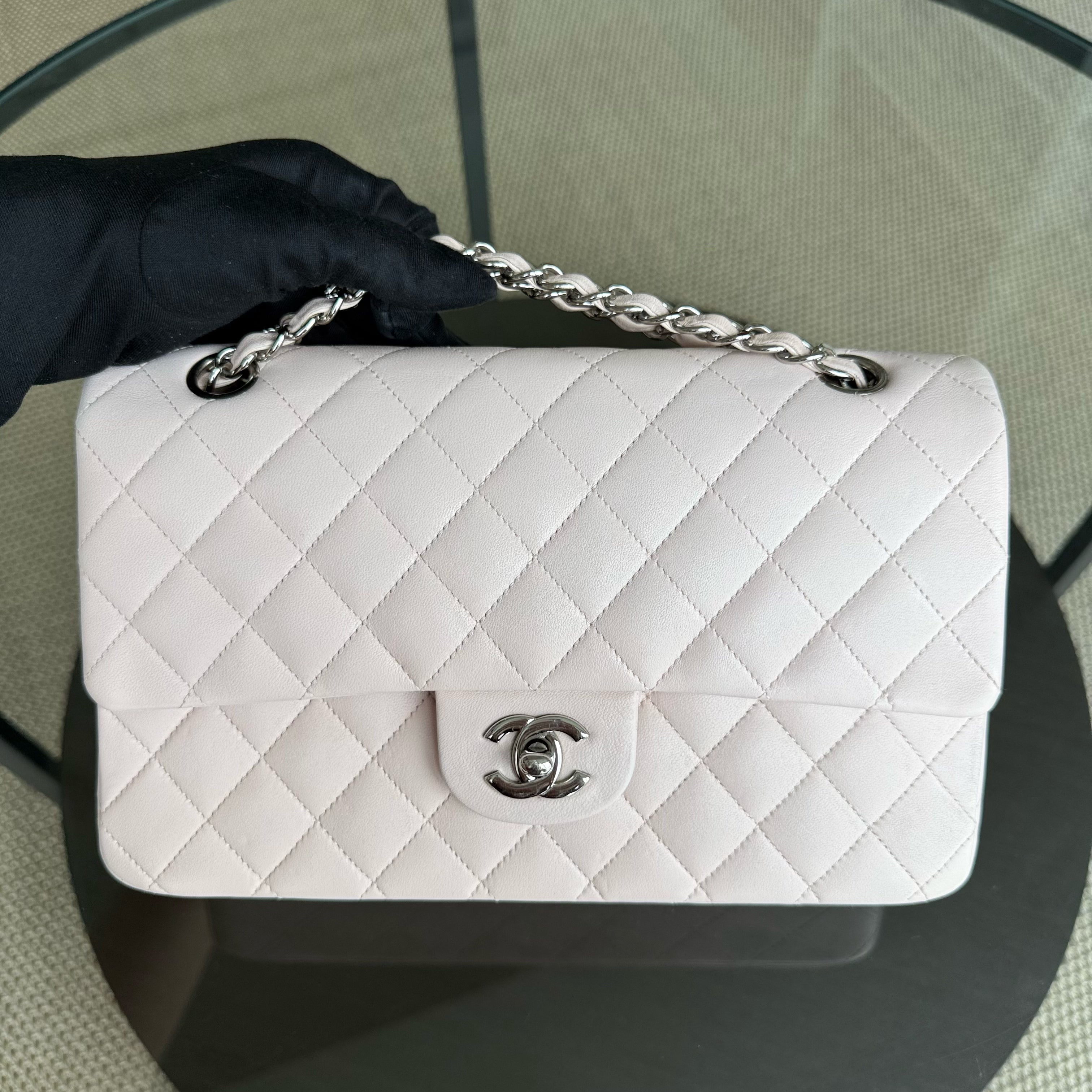 Chanel Classic Flap Medium - 25CM Quilted Lambskin Light Pink Silver Hardware Series 14