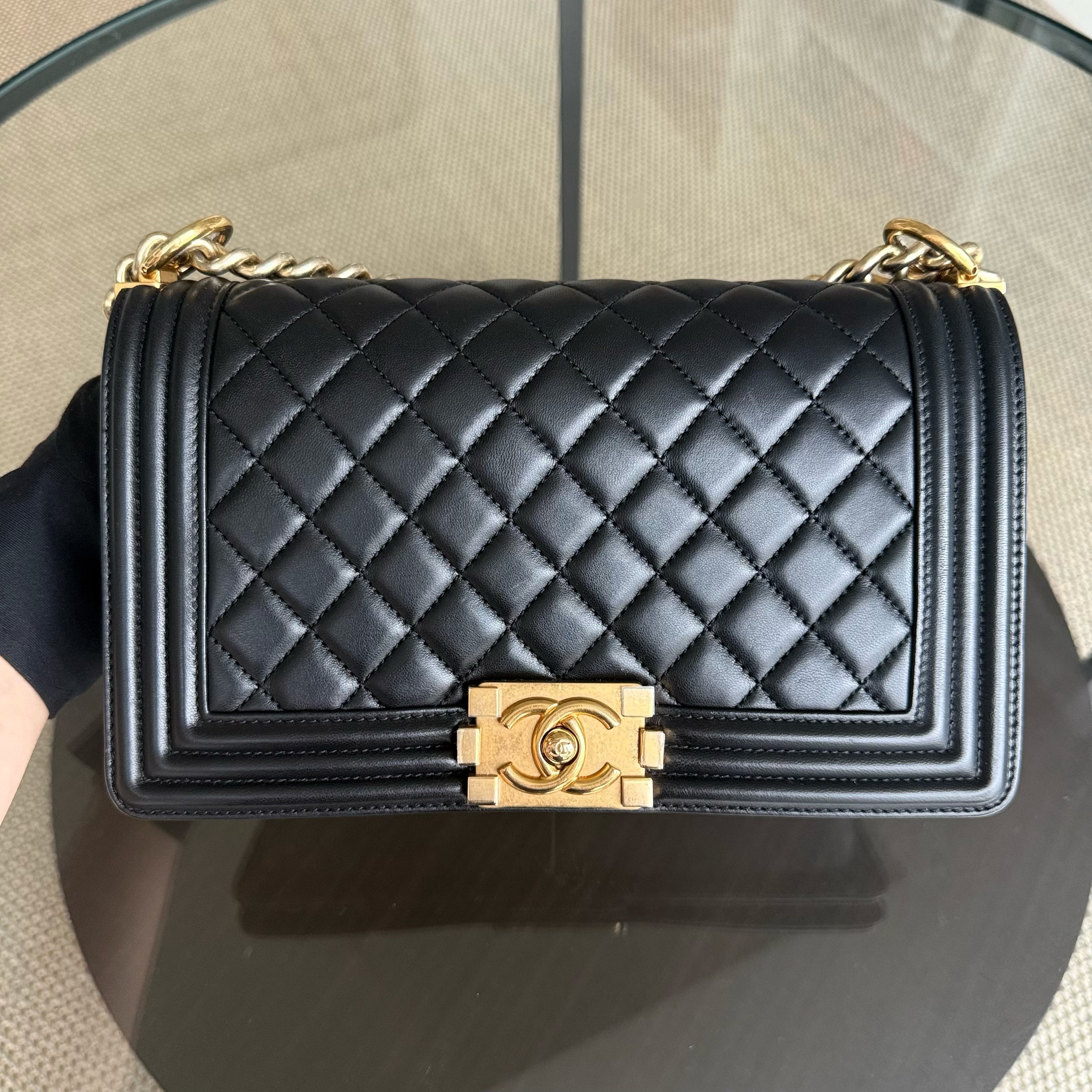 Chanel Boy Medium - 25CM Quilted Lambskin Black Gold Hardware Series 21