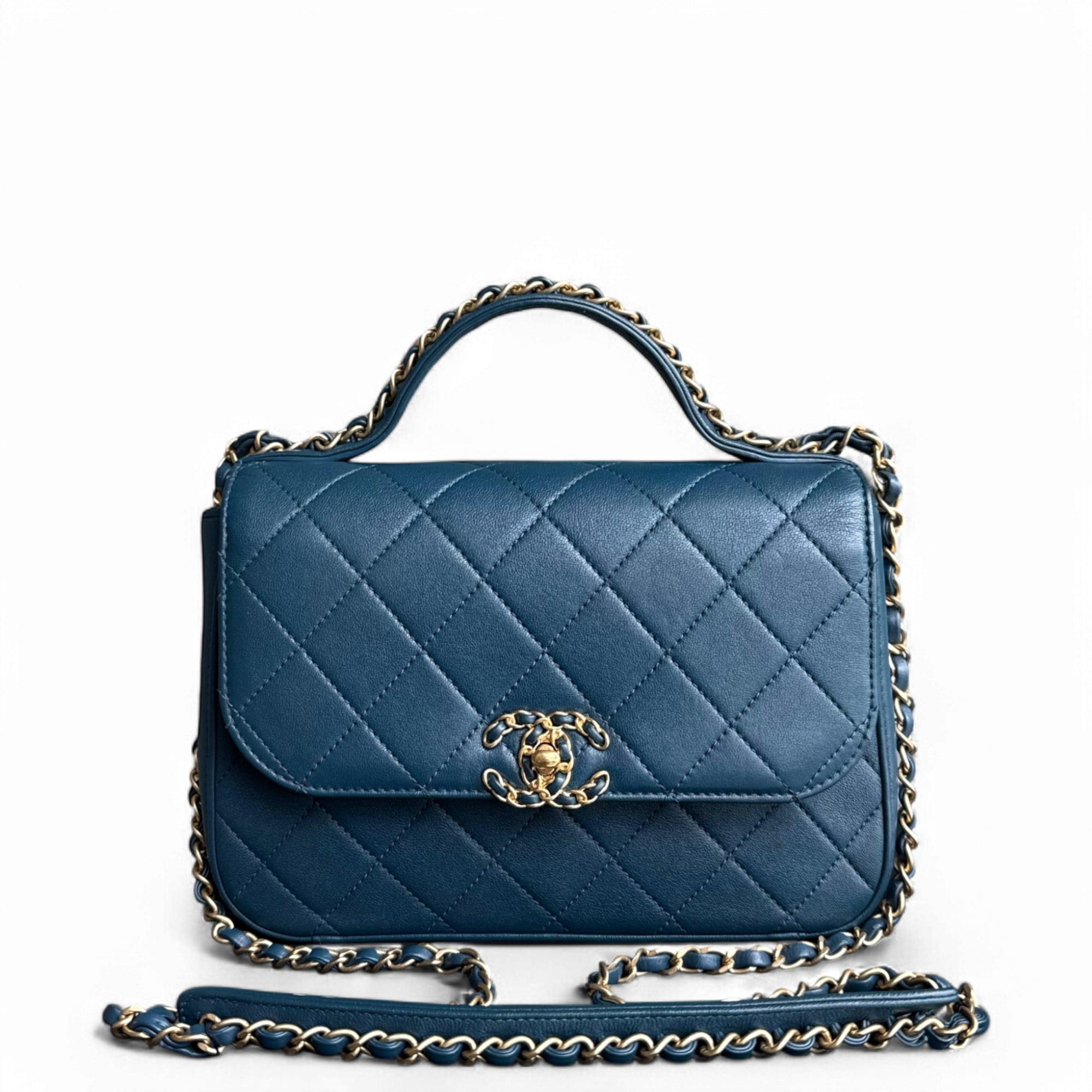 Chanel 19 Bag Flap - C19 With Top Handle Quilted Lambskin Navy Blue Gold Hardware Series 28