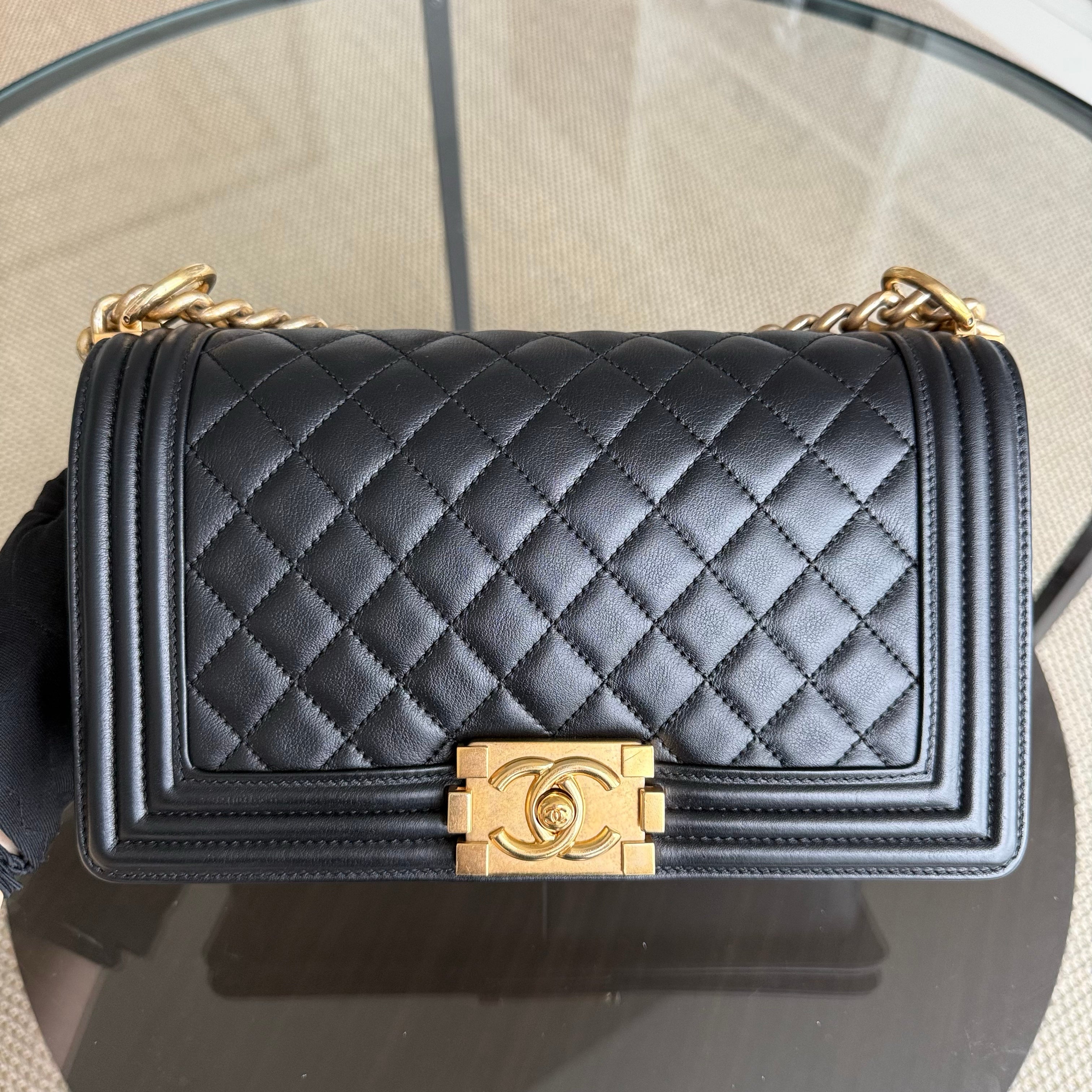 Chanel Boy Medium - Calfskin 25CM Quilted Black Gold Hardware Series 25