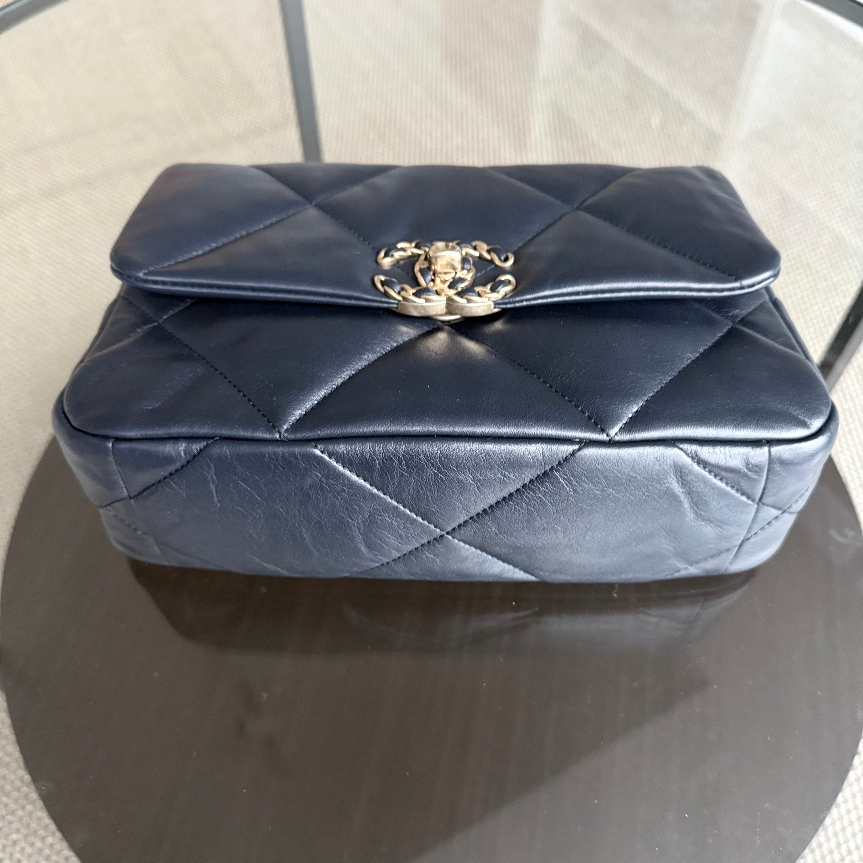 Chanel 19 Bag Small - Quilted Goatskin Dark Navy Blue Two-Tone Gold Hardware Series 31